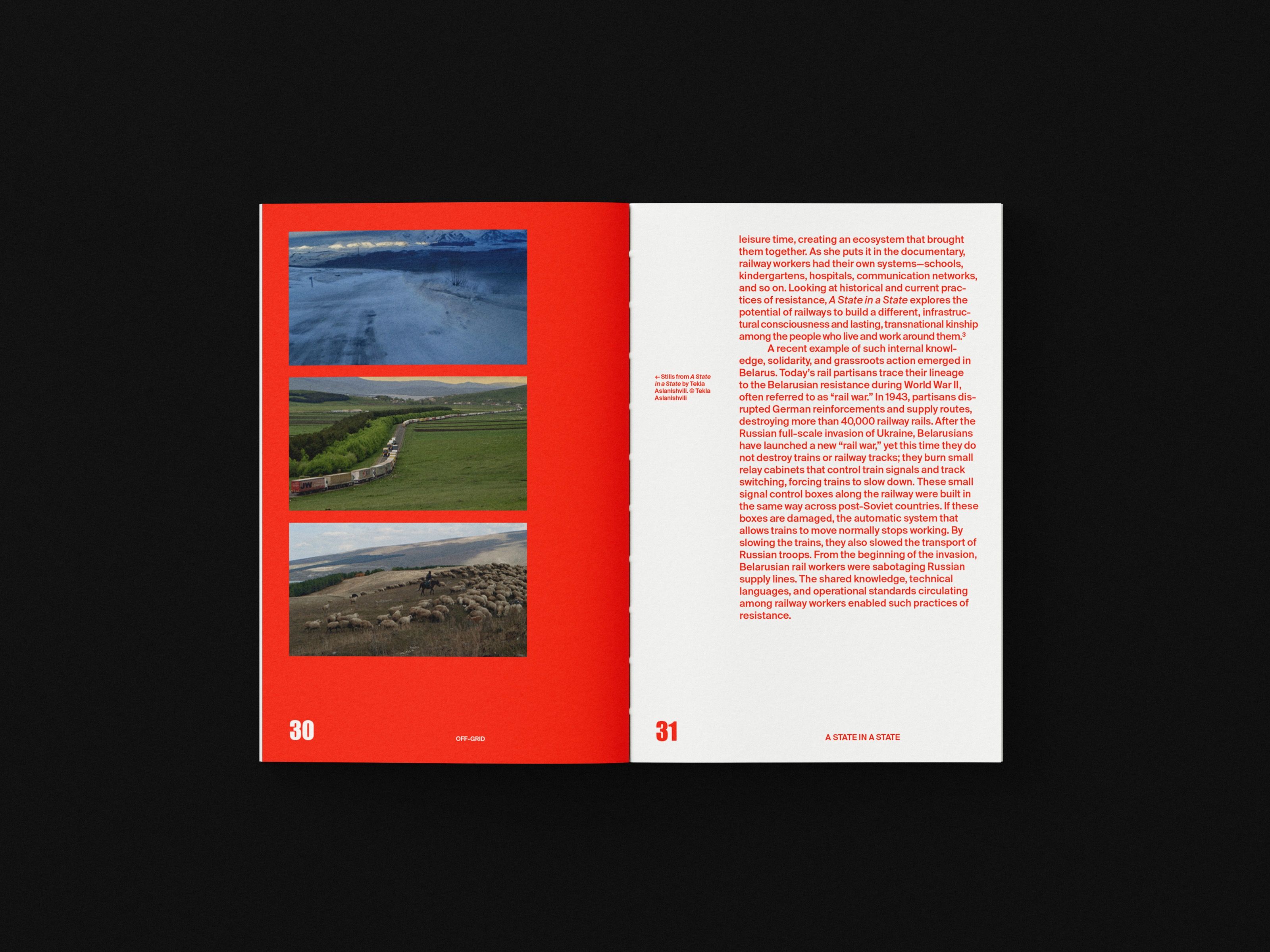OFF-GRID book spread with landscape photos and red text page