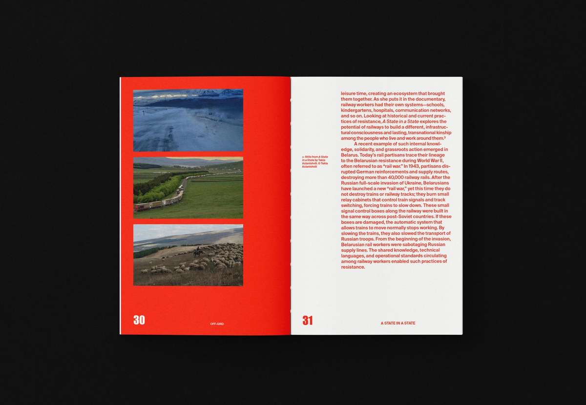OFF-GRID book spread with landscape photos and red text page