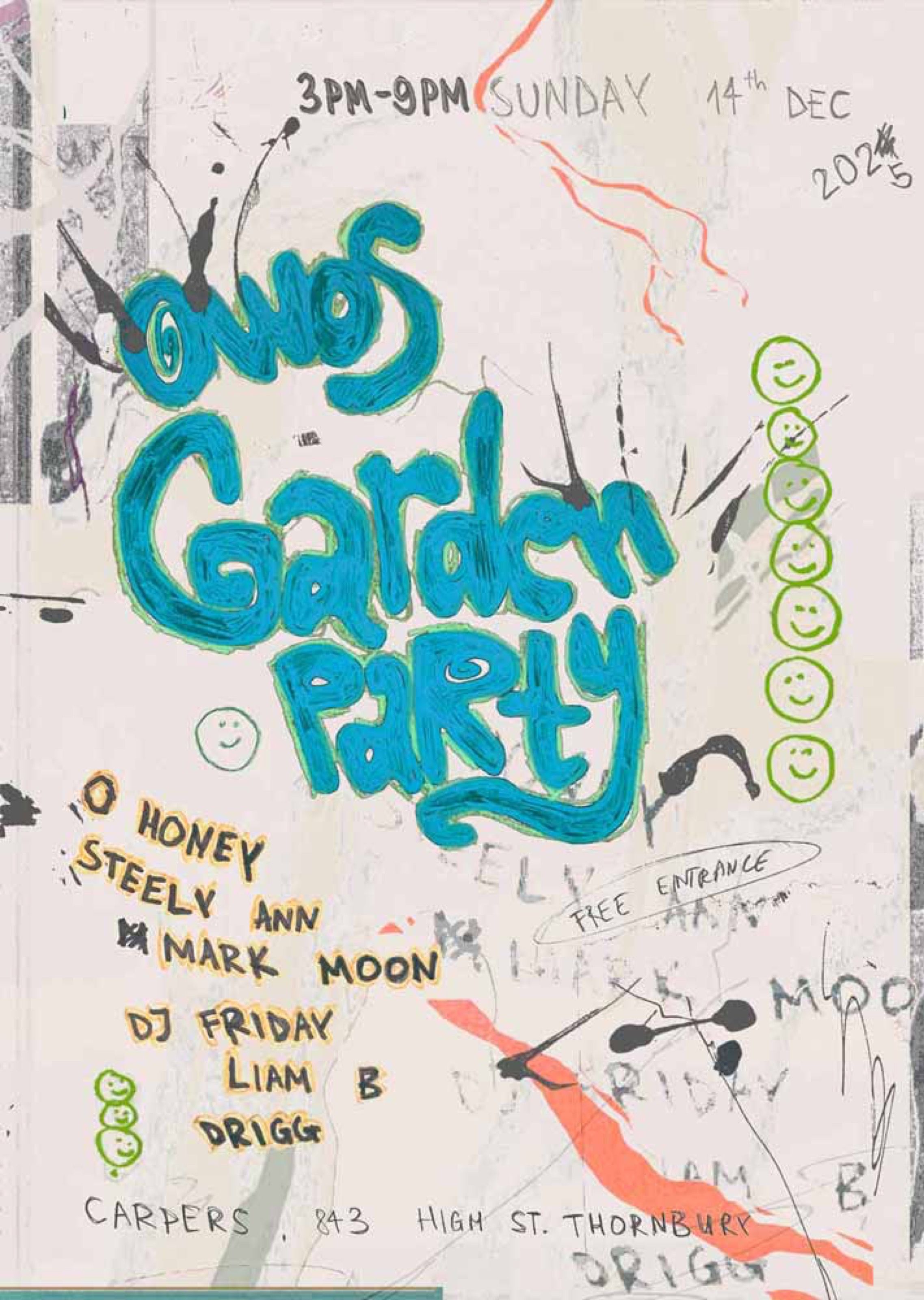 Garden Party poster with blue painted lettering and a scribbled lineup