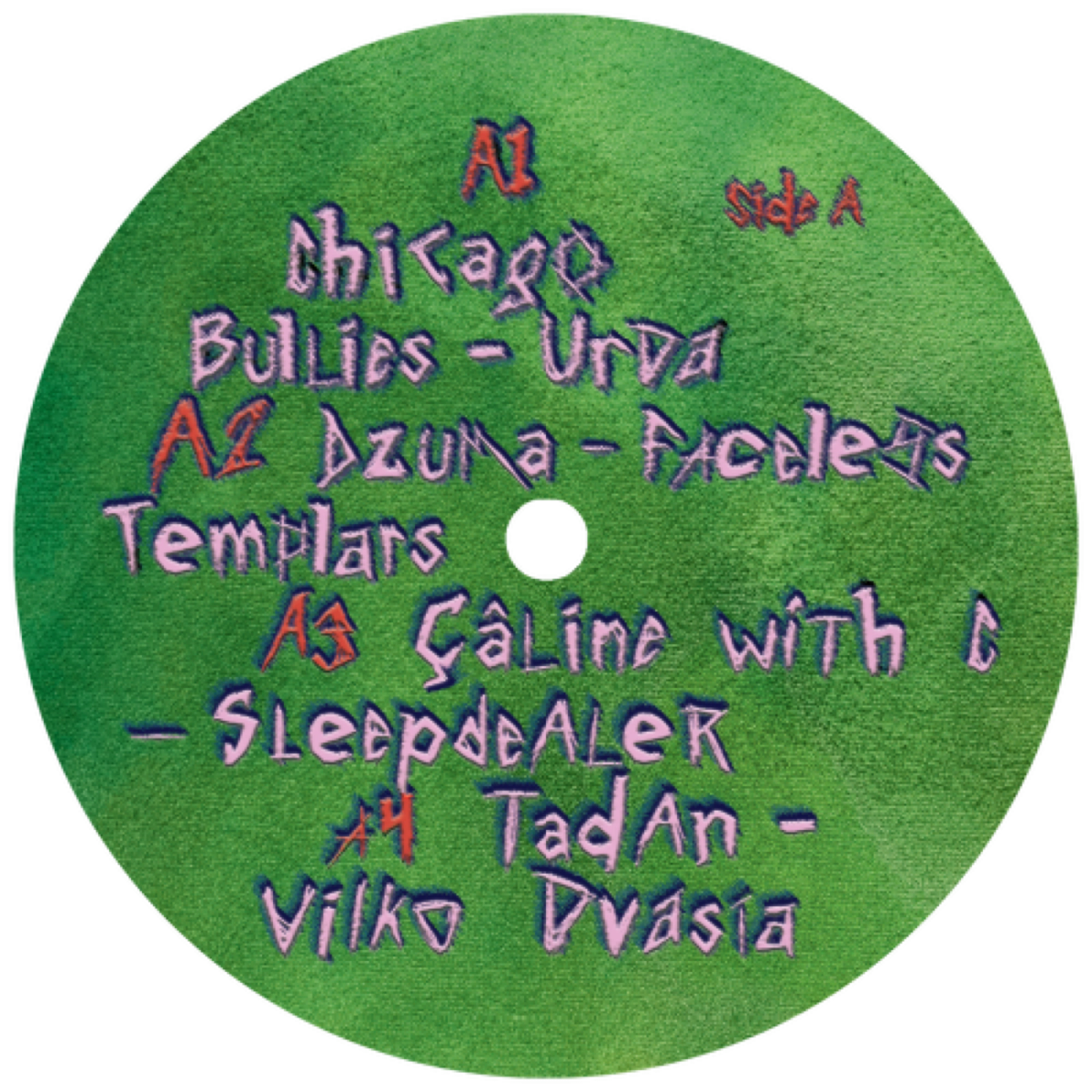 Žalgiris Battle Project vinyl label side A in green with hand-drawn track list