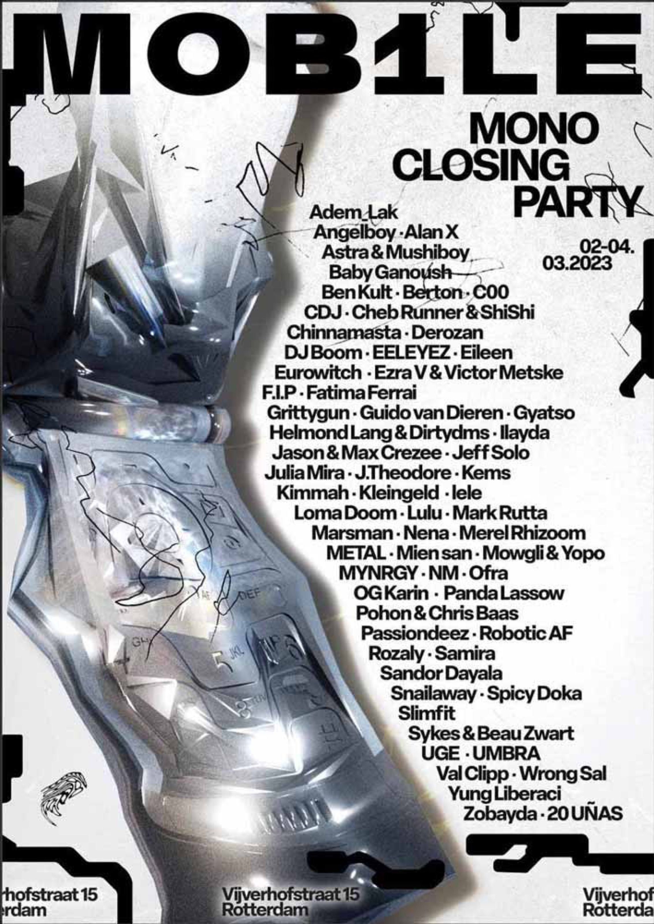 Mob1le Mono Closing Party poster with a chrome sculpture and long lineup, Rotterdam