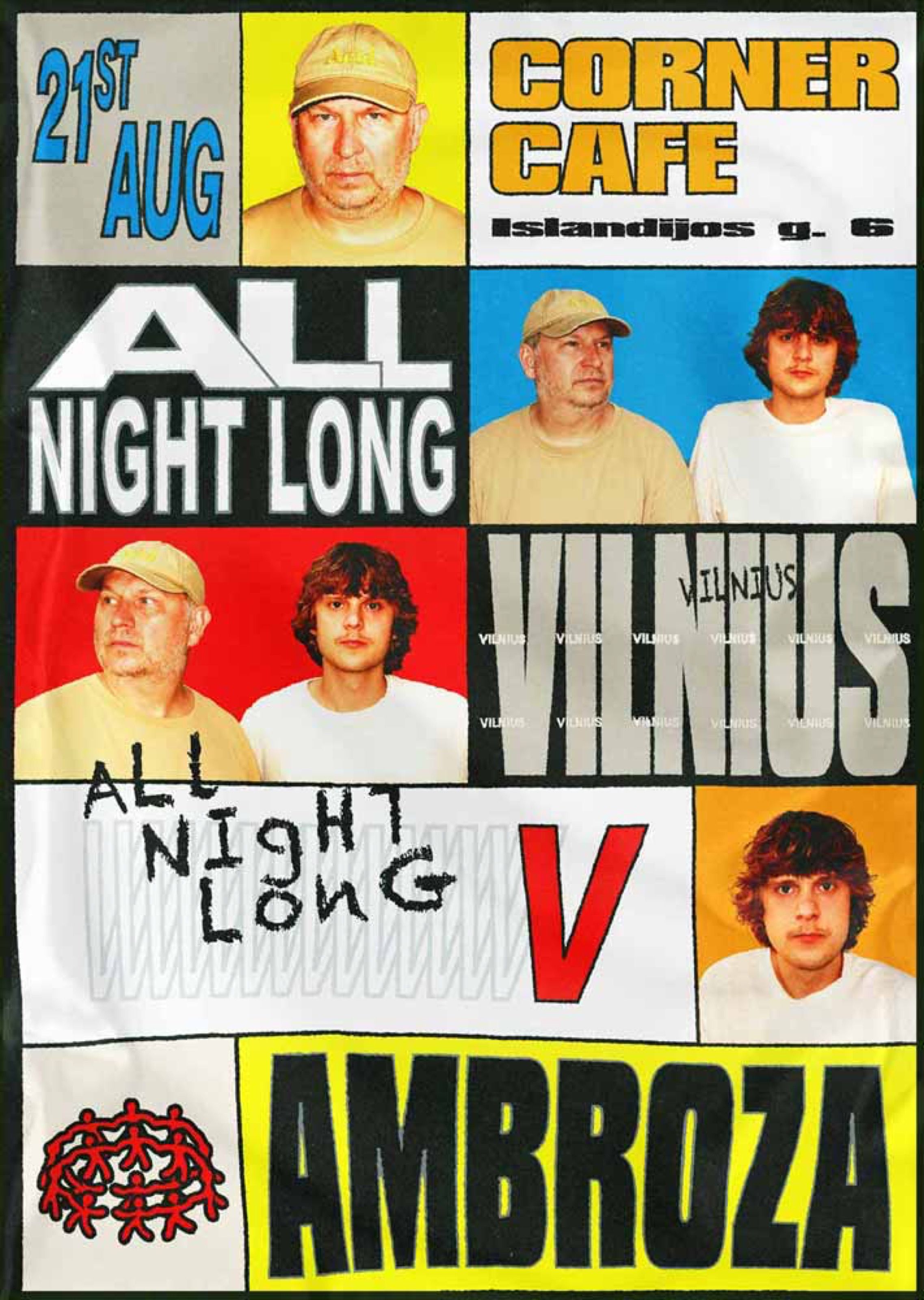 All Night Long Vilnius poster with a grid of DJ portraits and bold type