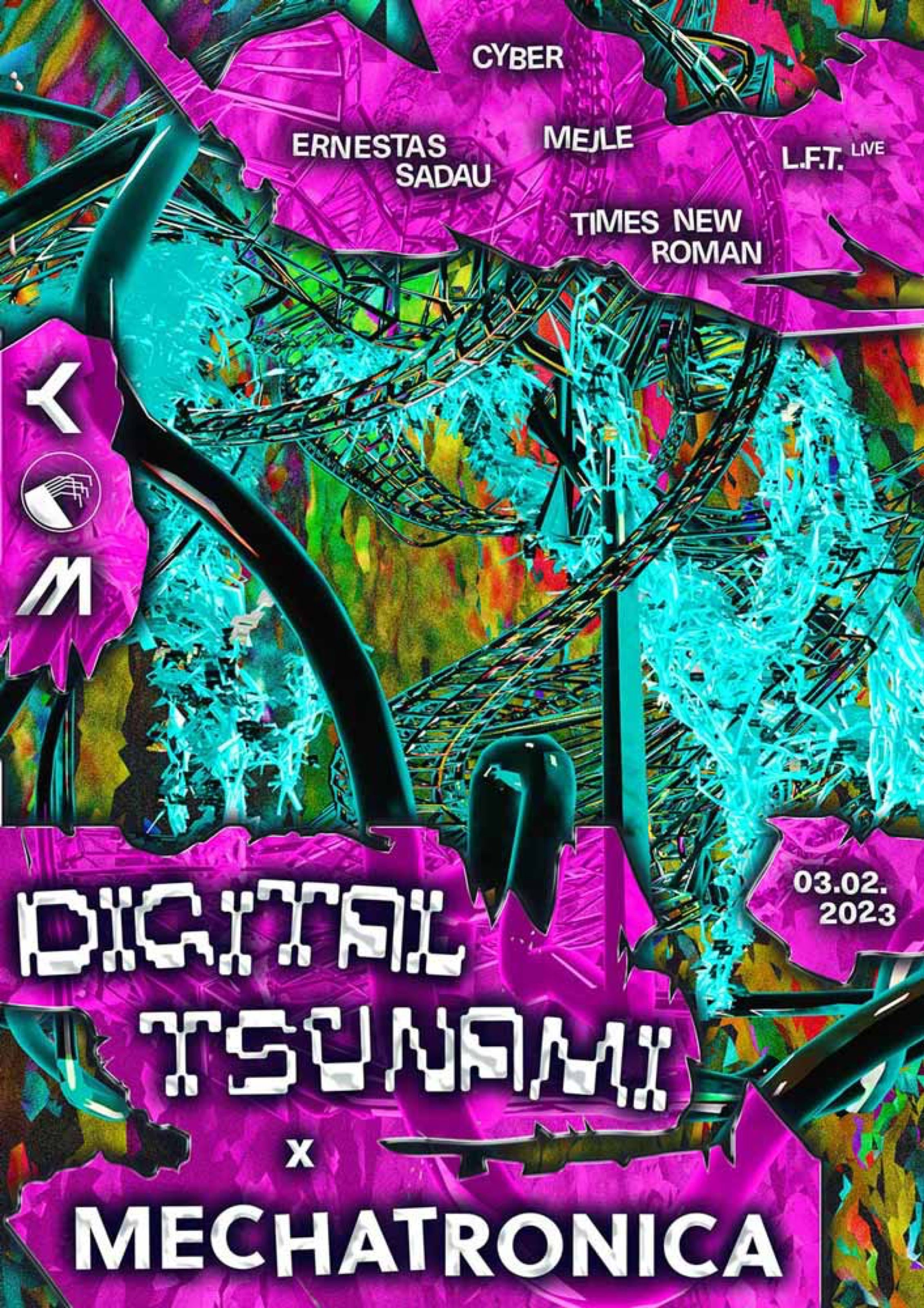 Digital Tsunami x Mechatronica poster with neon cyan and magenta textures