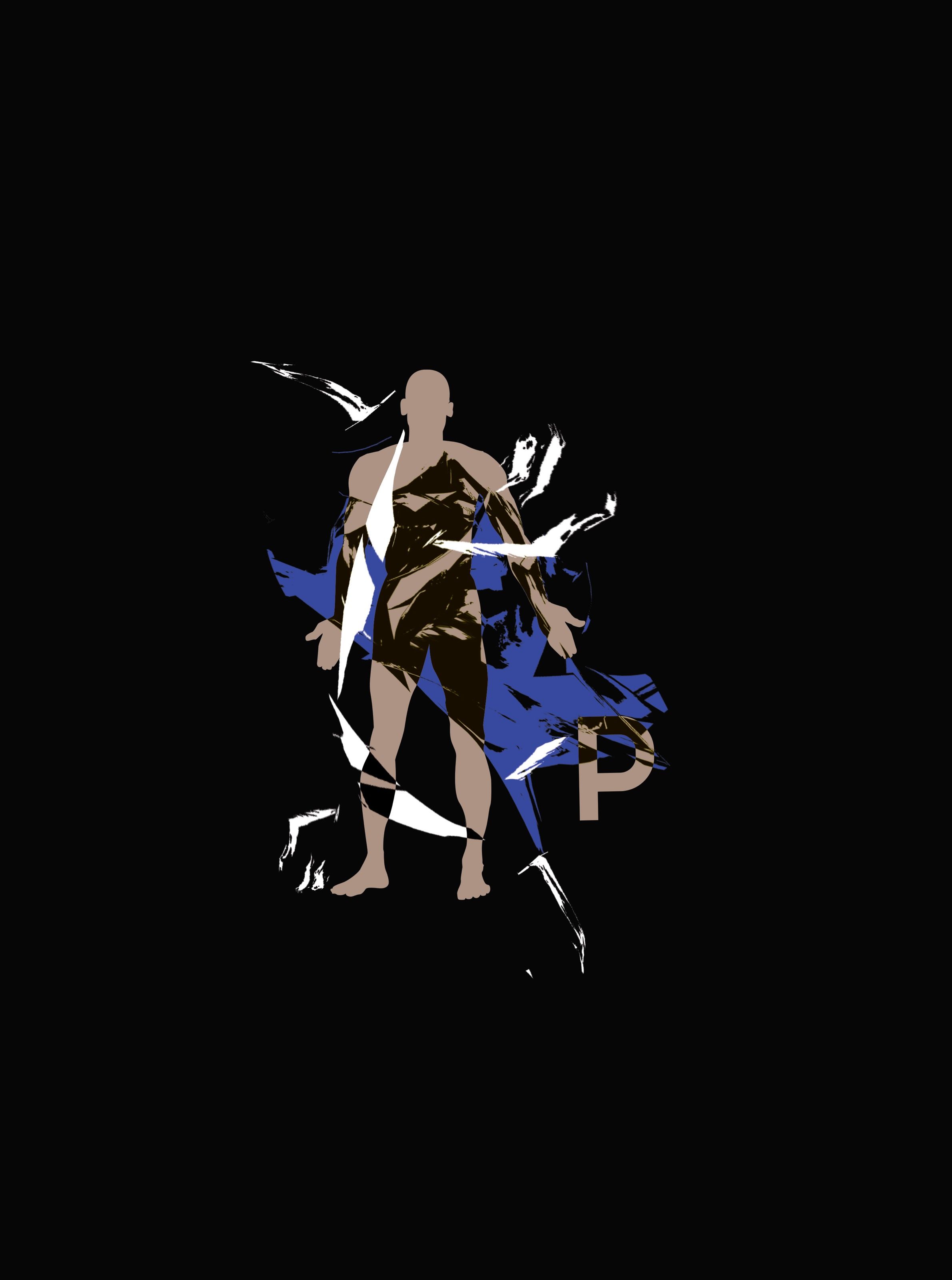 Pinkman figure logo in blue and white on black