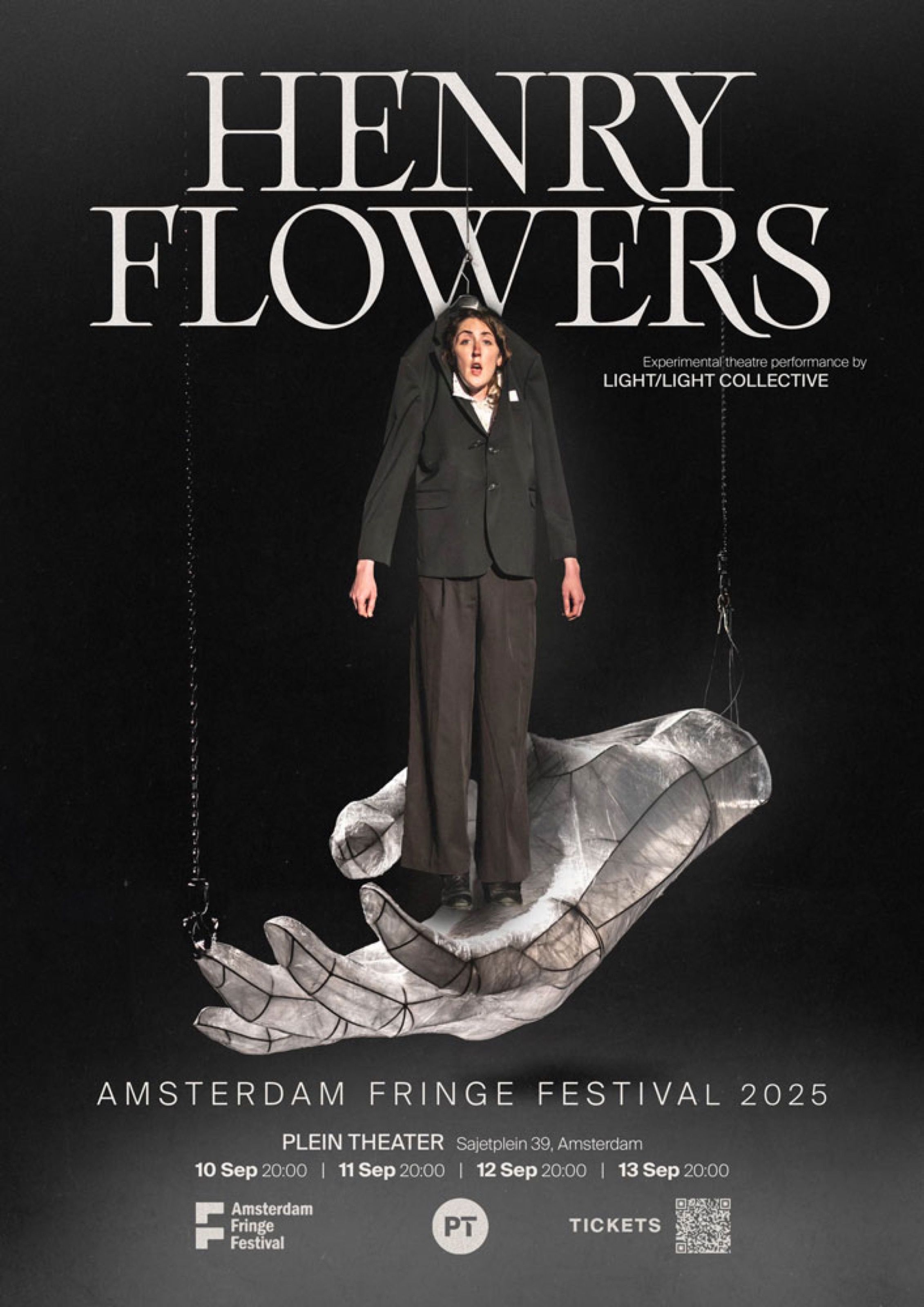 Henry Flowers poster with a performer standing on a giant hand, Amsterdam Fringe Festival