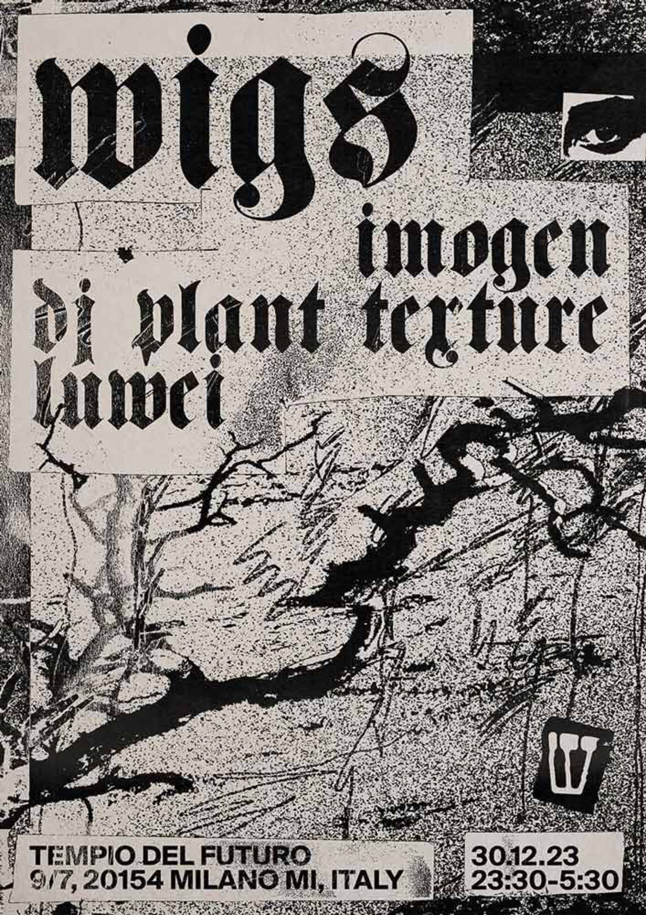 Wigs night poster for Imogen, DJ Plant Texture and Luwei, Milan