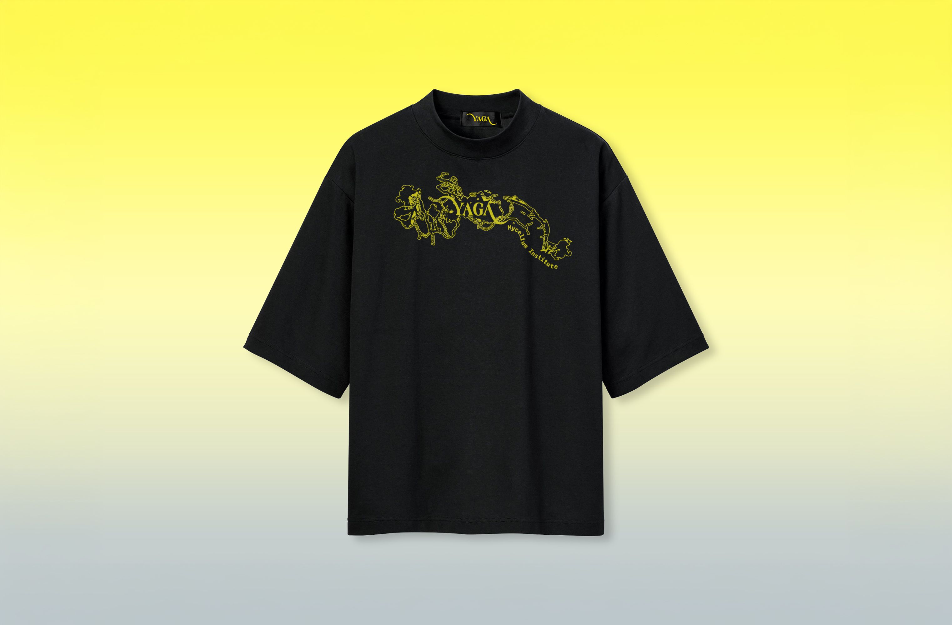 Black YAGA T-shirt with a yellow mycelium graphic on a yellow background