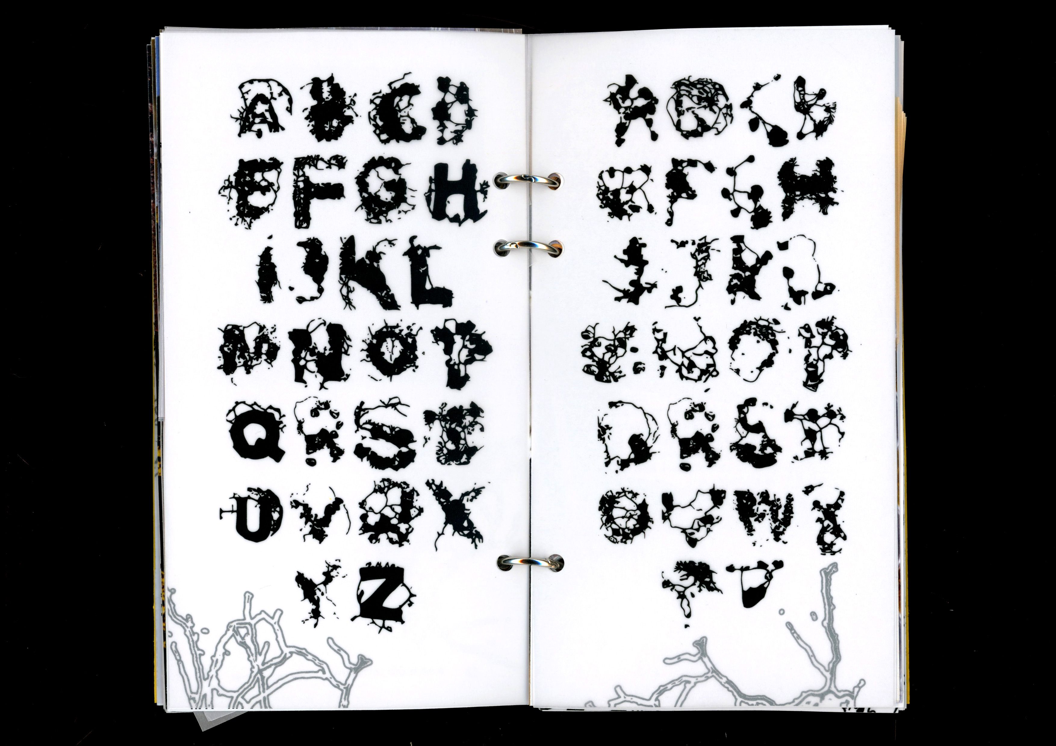 Book spread with the full slime-mould alphabet, A to Z