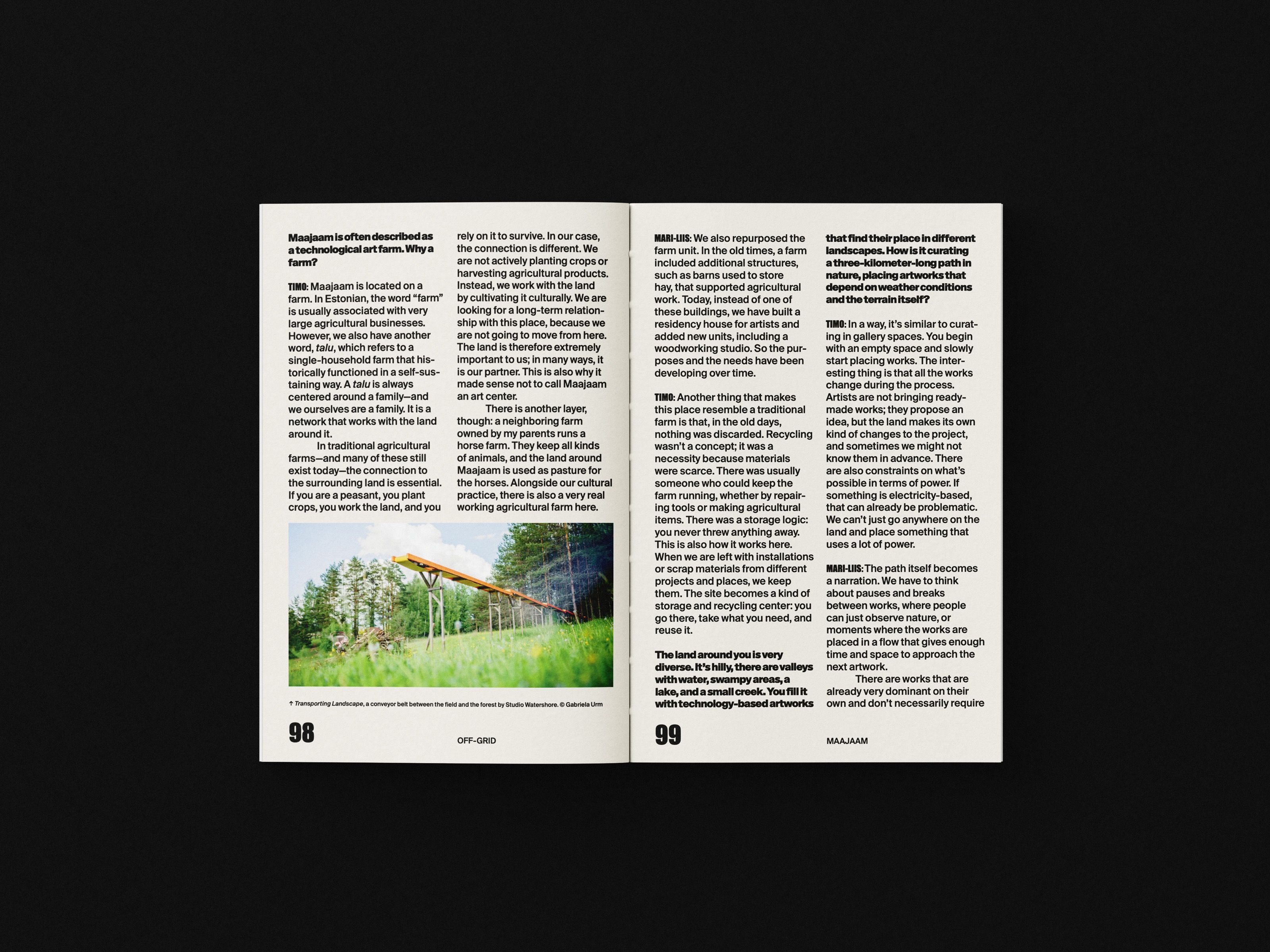 OFF-GRID book spread with interview text and a greenhouse photo