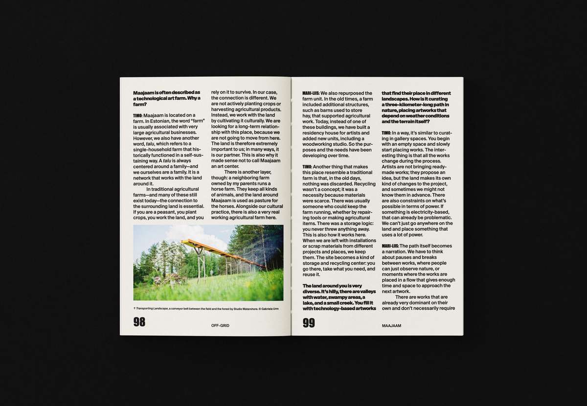 OFF-GRID book spread with interview text and a greenhouse photo