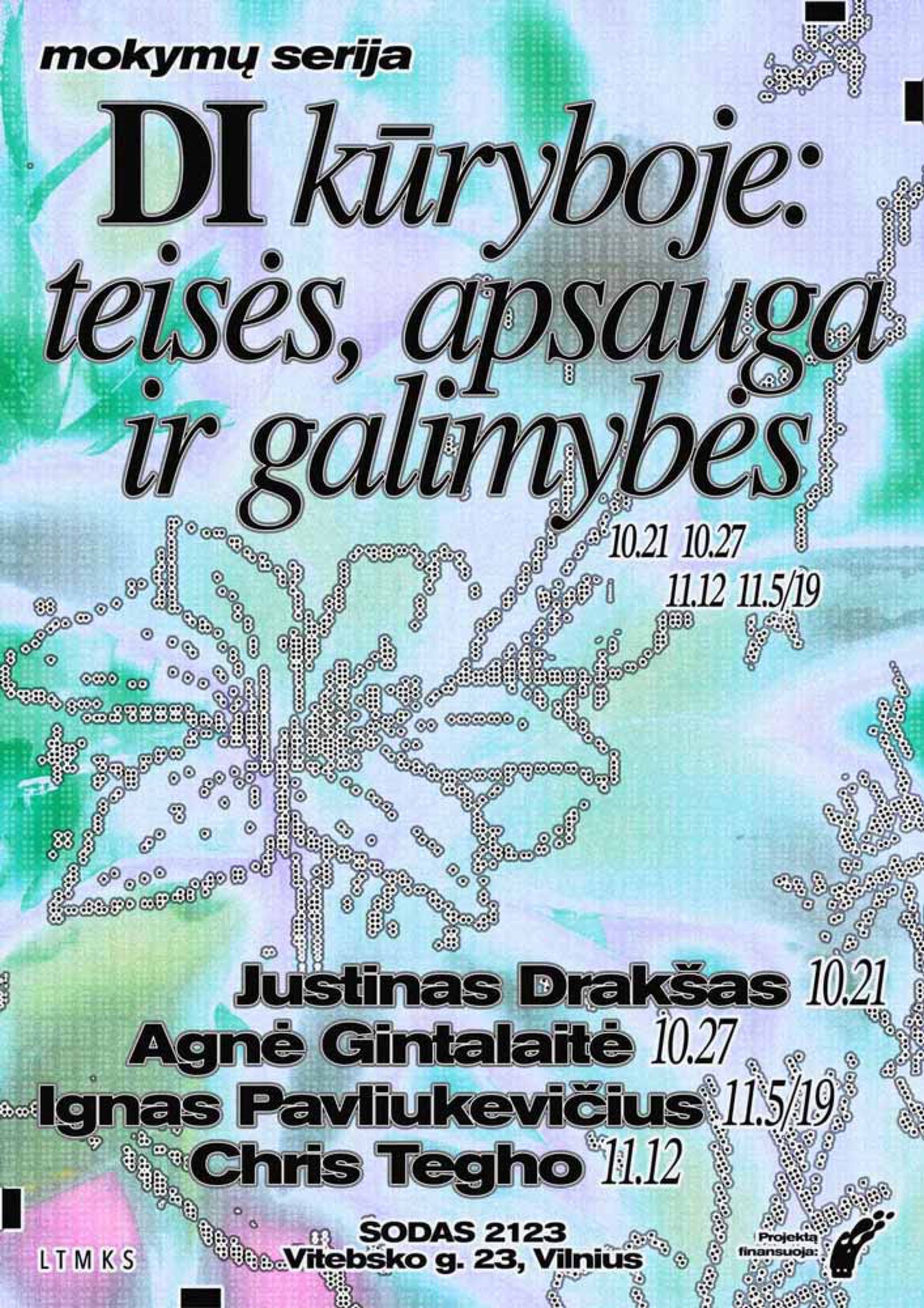 AI in Creative Work (DI kūryboje) lecture series poster, Sodas 2123, Vilnius