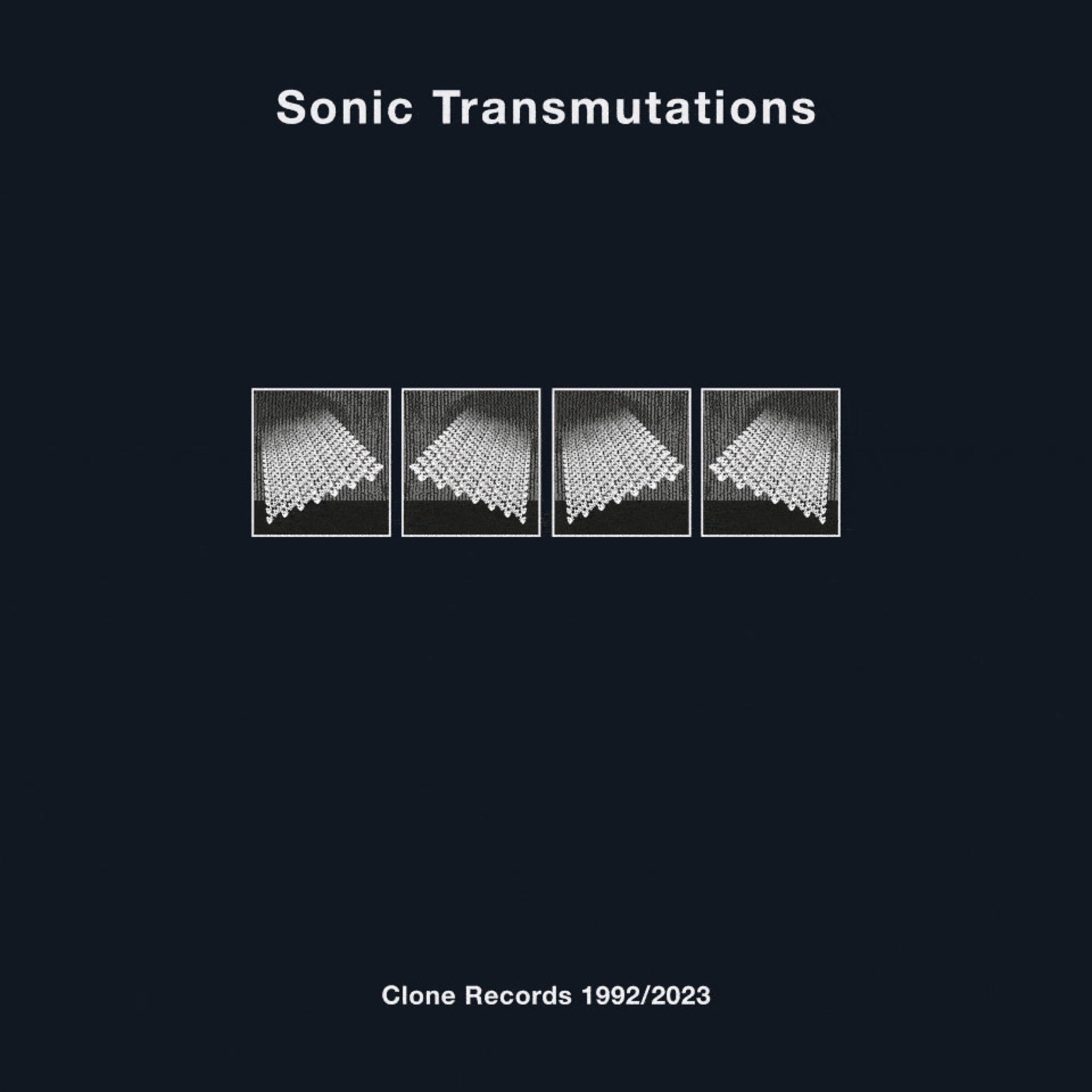 Sonic Transmutations cover with four wireframe squares on navy, Clone Records