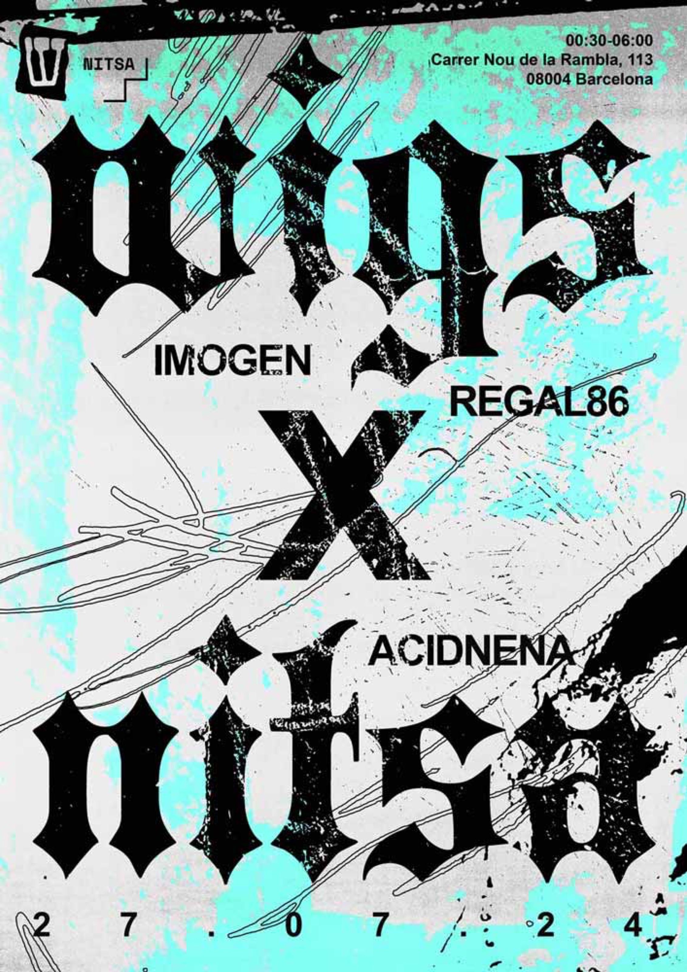 Wigs x Nitsa poster in blackletter on pale cyan, Barcelona