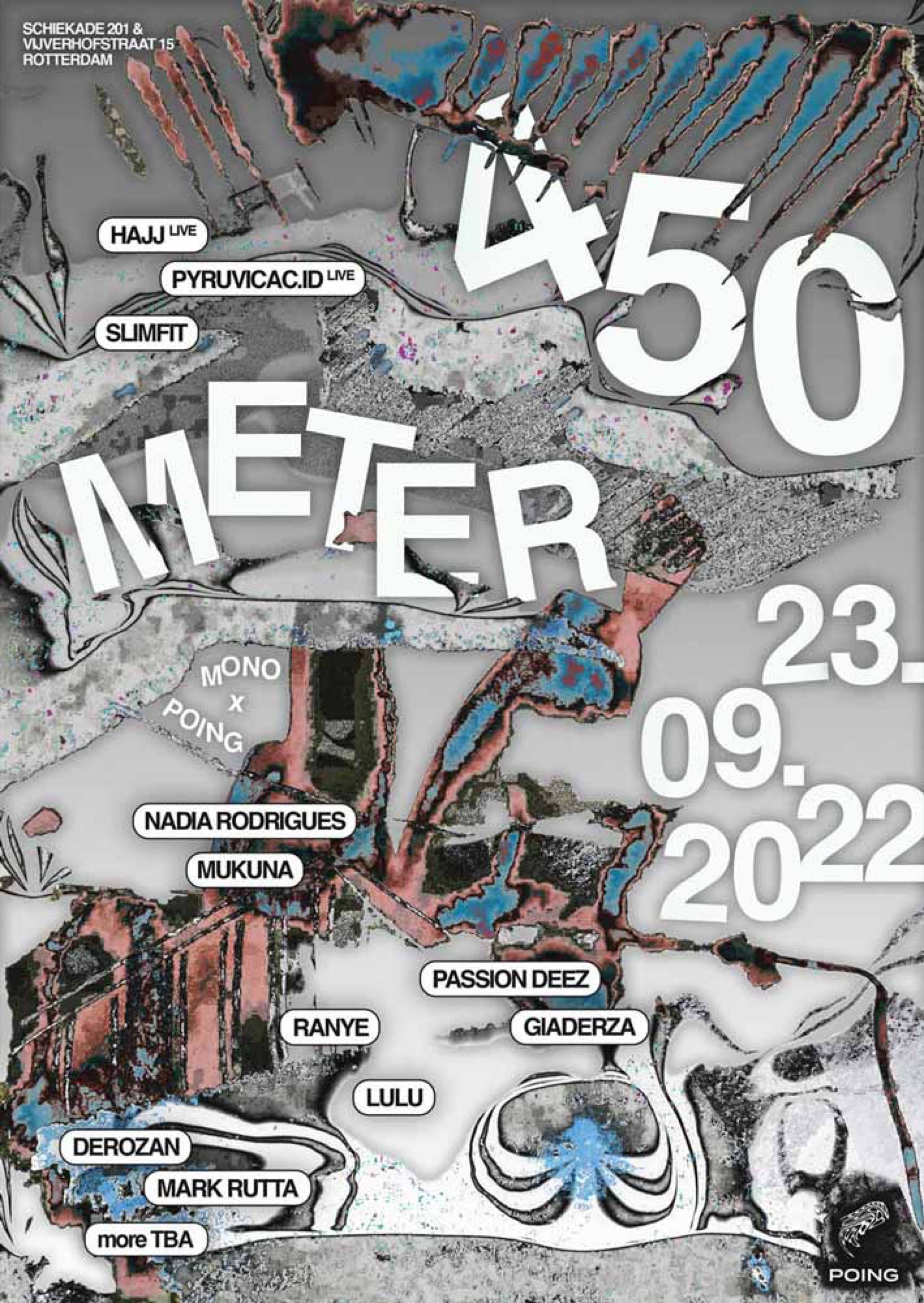 450 Meter poster with a grey collage and lineup in rounded labels
