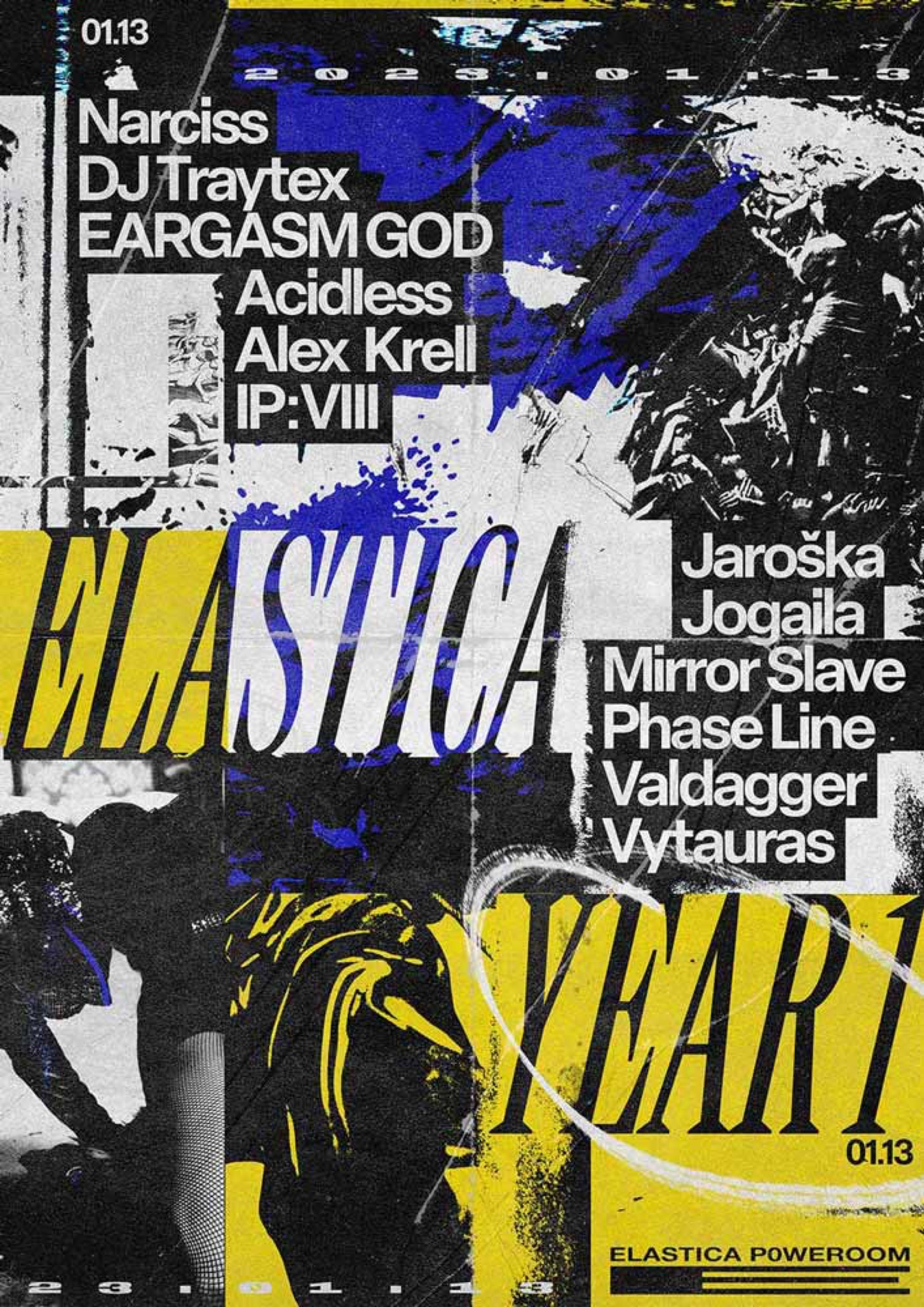 Elastica Year 1 anniversary poster with yellow and blue collage