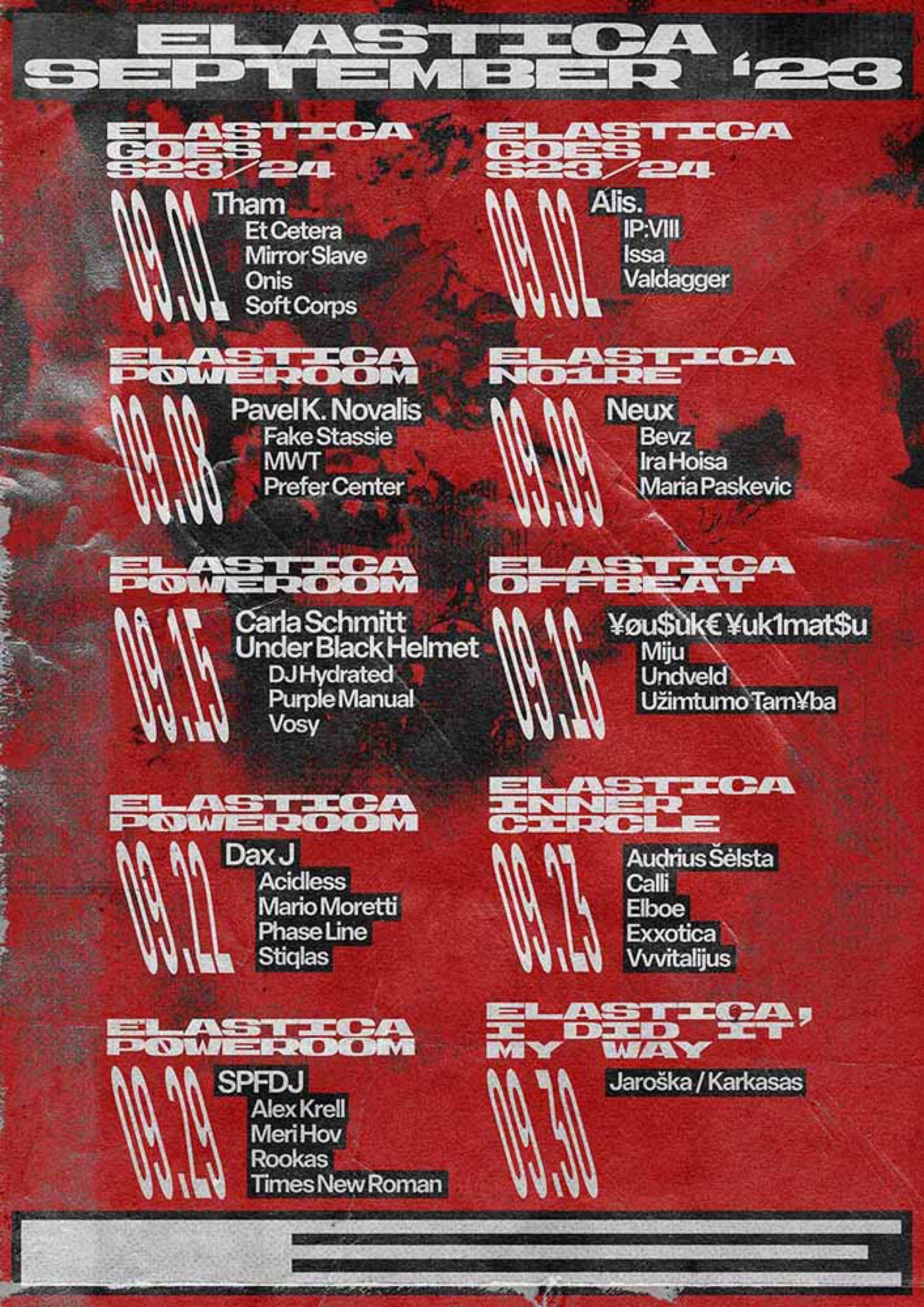 Elastica September 2023 programme poster in red and black