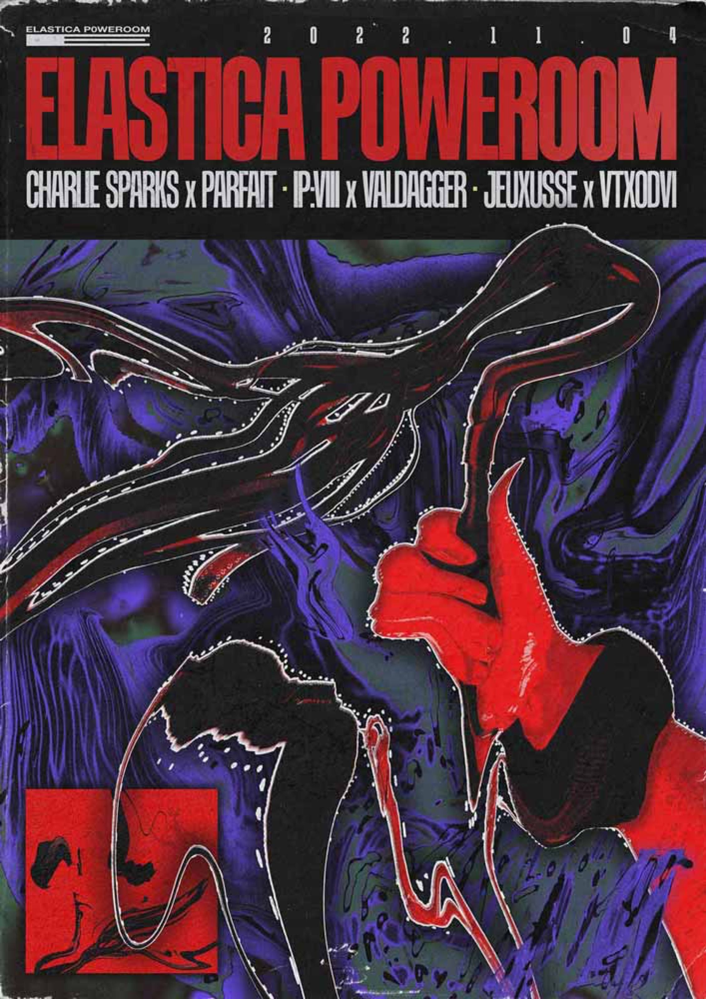 Elastica Poweroom poster with red and purple liquid shapes