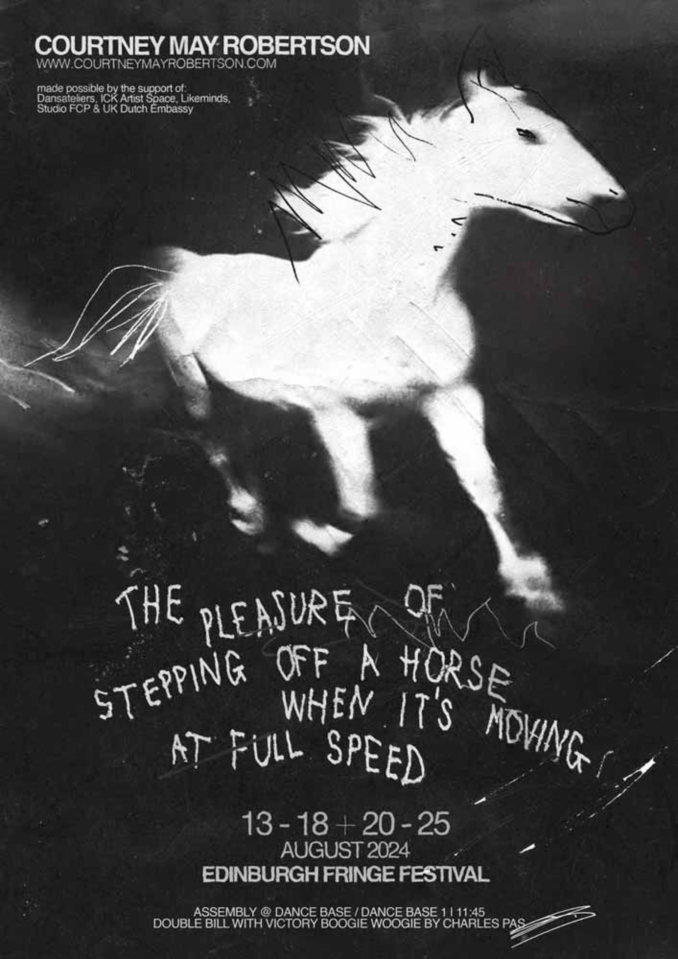 The Pleasure of Stepping Off a Horse poster with a white horse, Edinburgh Fringe Festival
