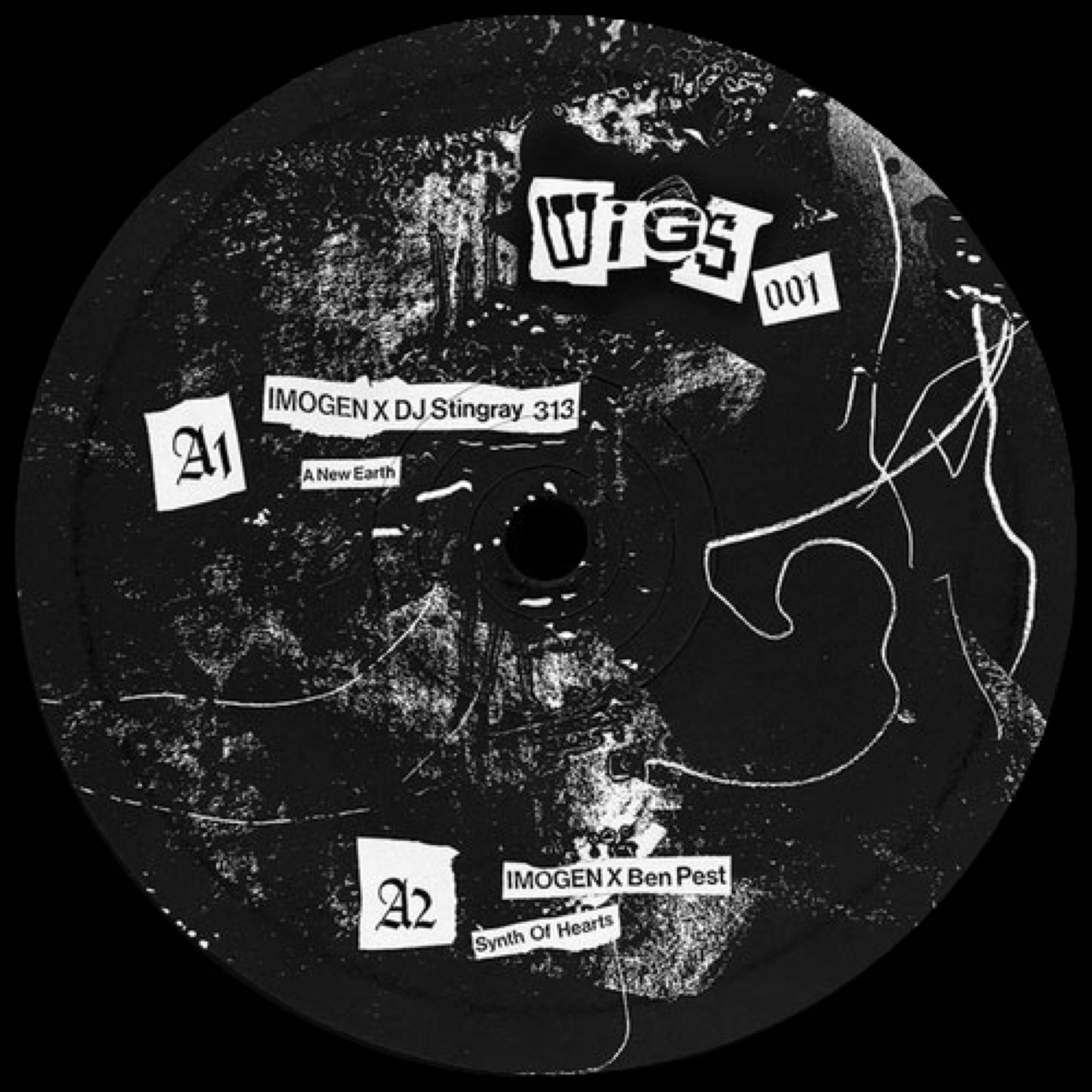 Wigs 001 vinyl label side A in black and white collage