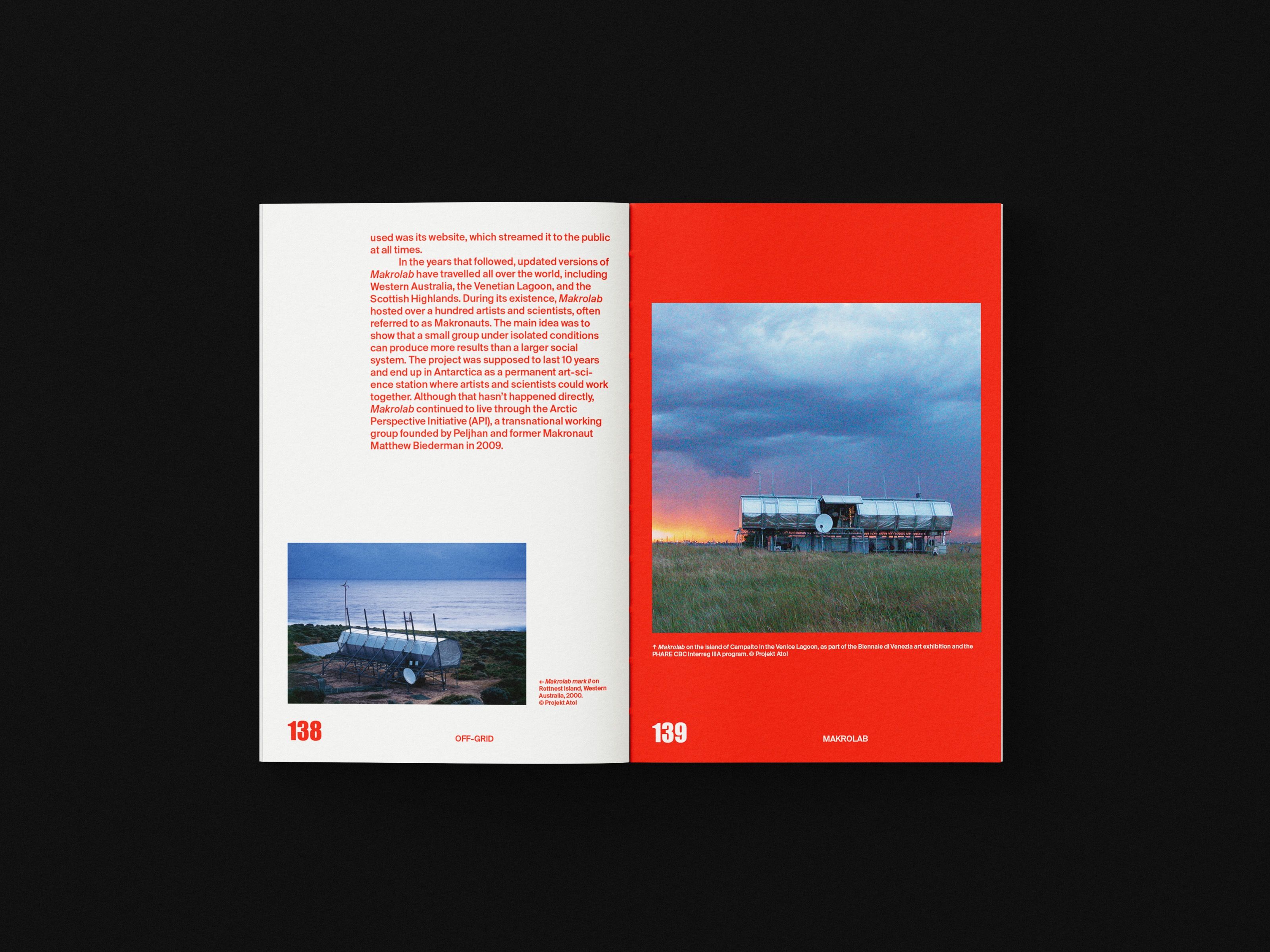 OFF-GRID book spread with a landscape photo on a red page