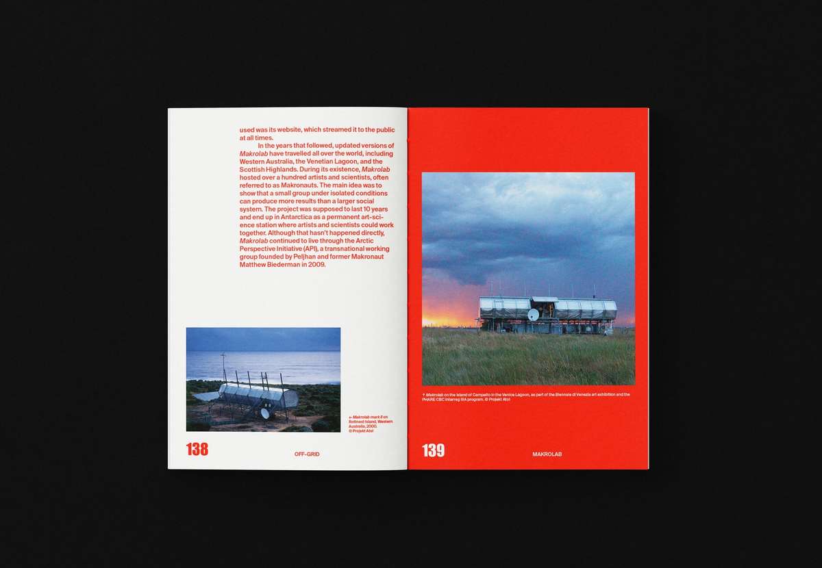 OFF-GRID book spread with a landscape photo on a red page