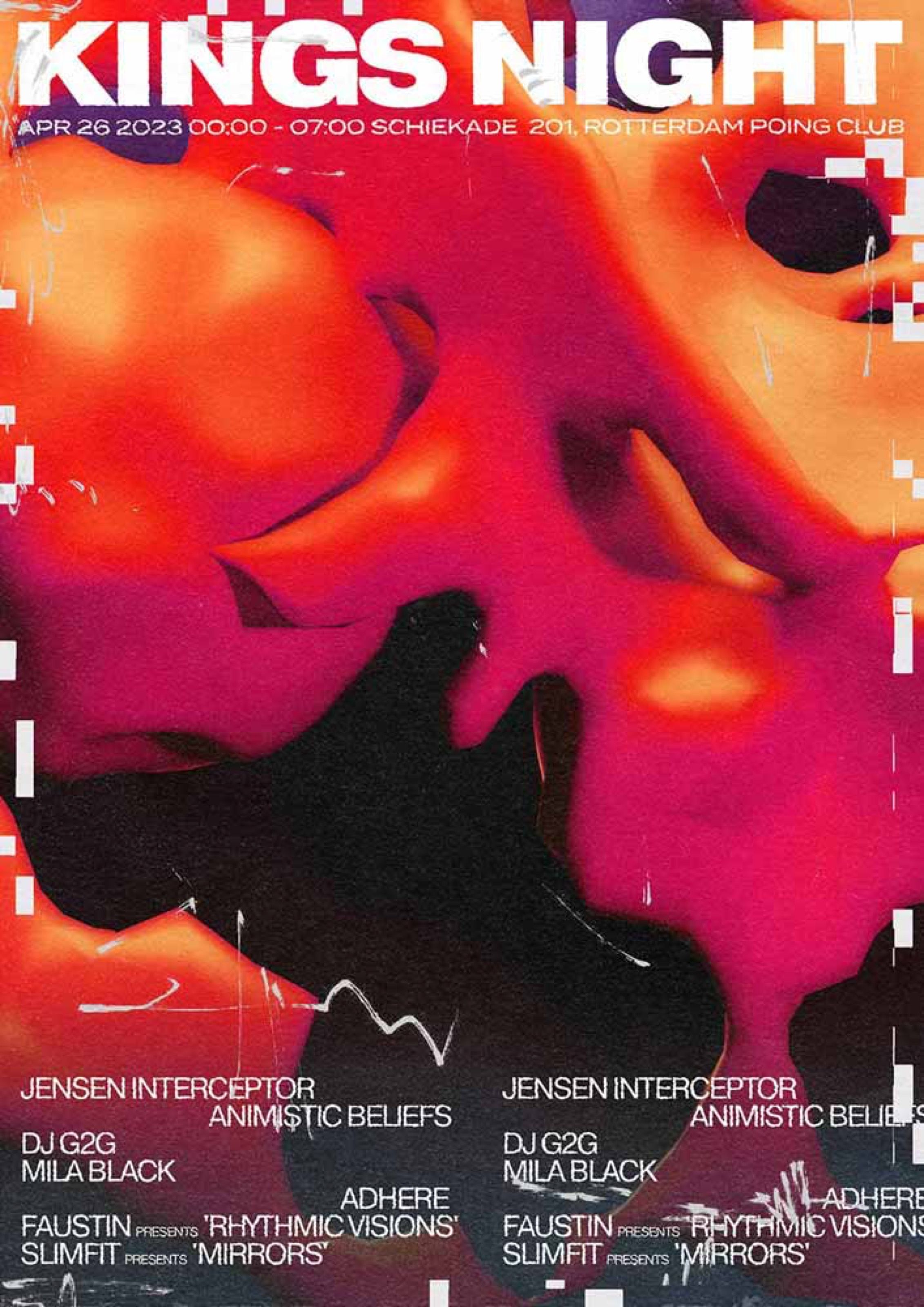 Kings Night poster with a warped red and pink face, Rotterdam