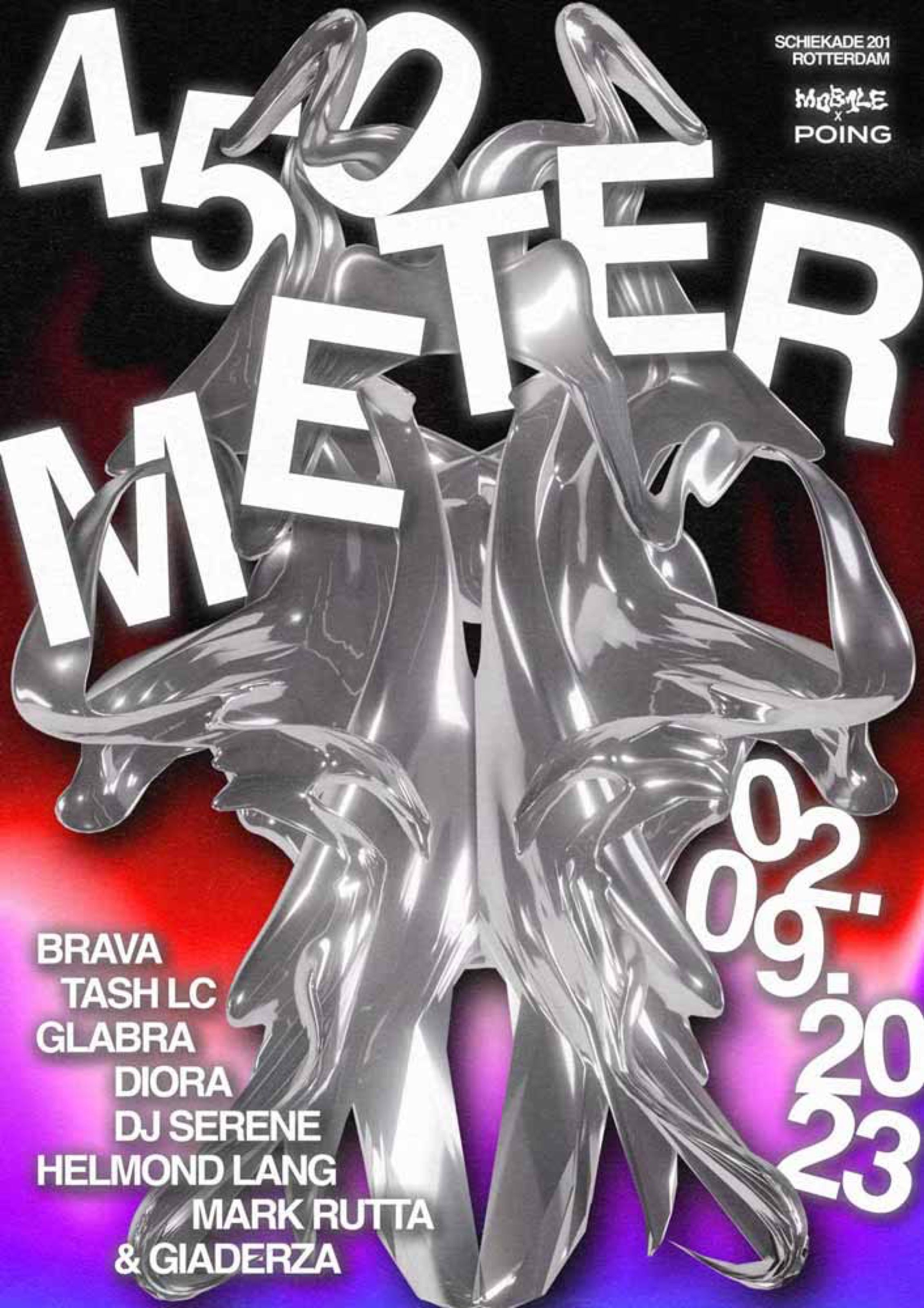 450 Meter club poster with a silver chrome sculpture on red and purple, Rotterdam