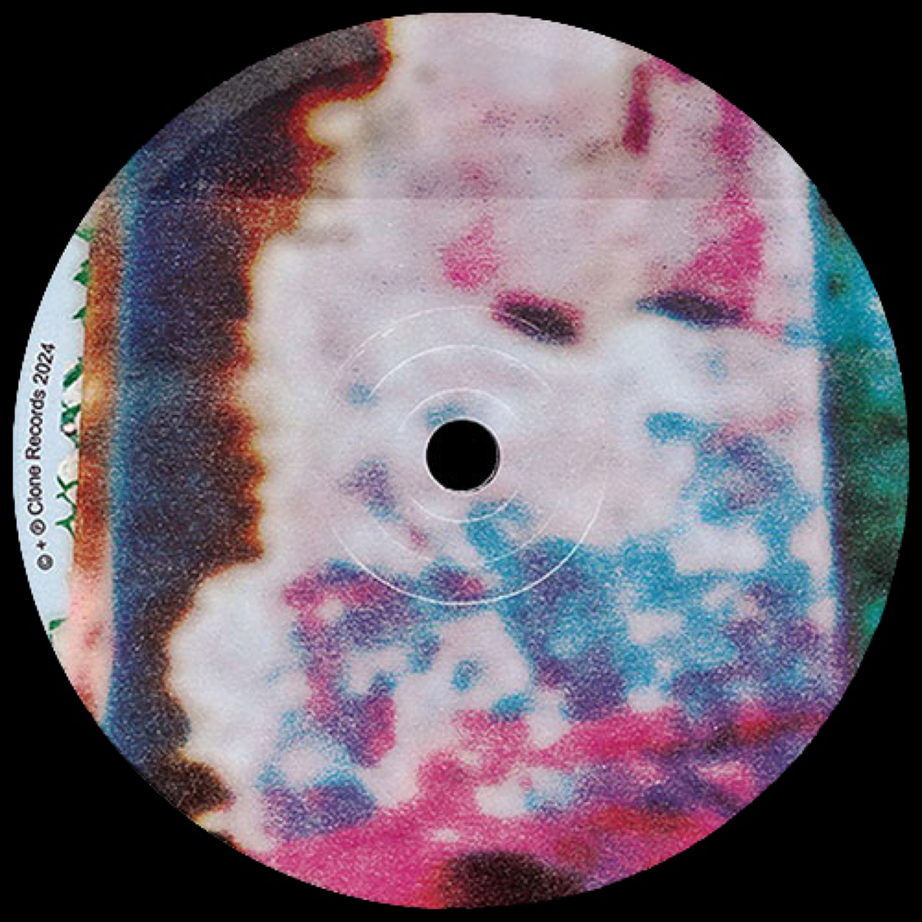 Vinyl label with a pink and blue pixelated image, Clone Records