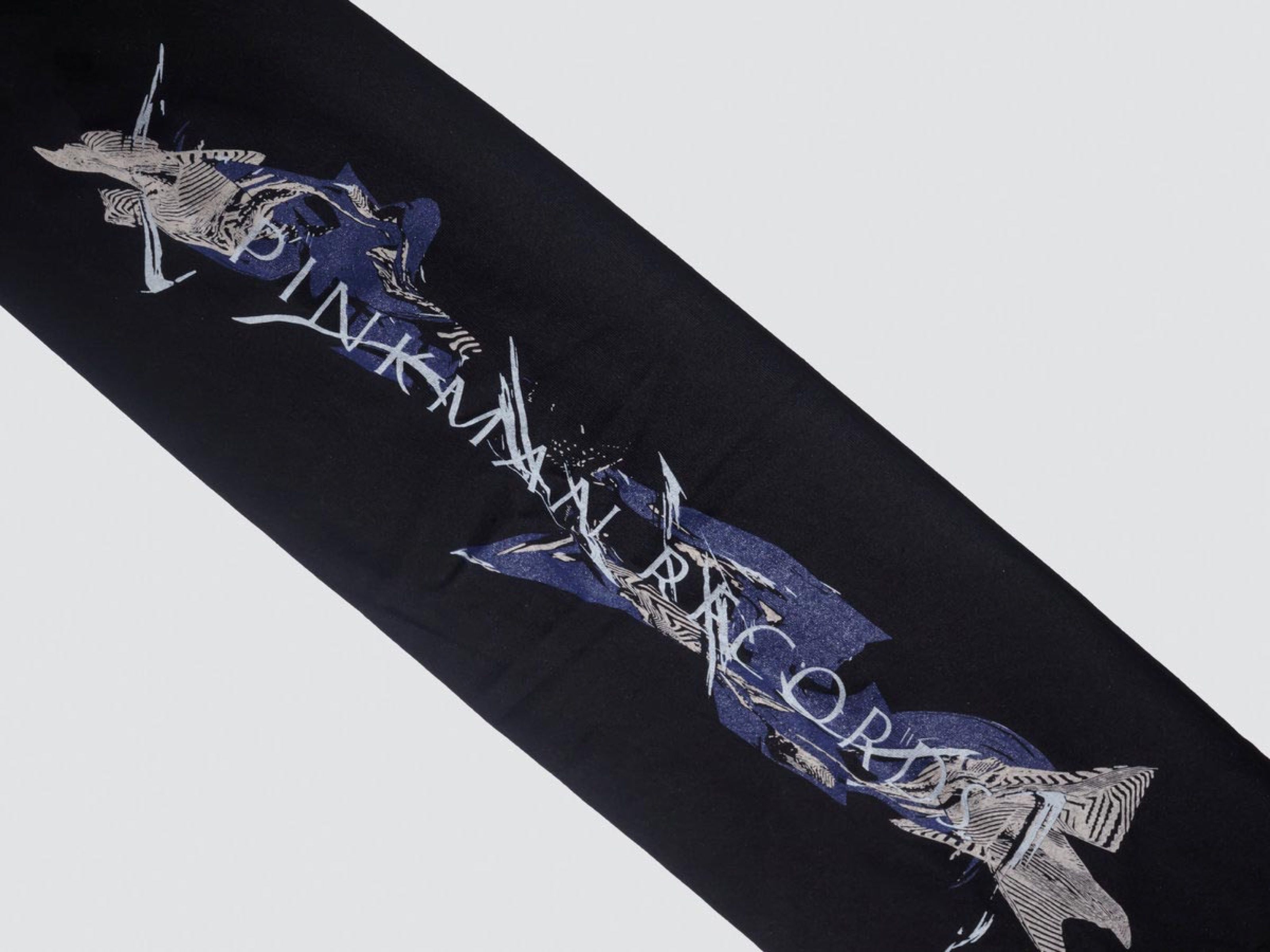 Navy Pinkman Records scarf with silver graphic lettering