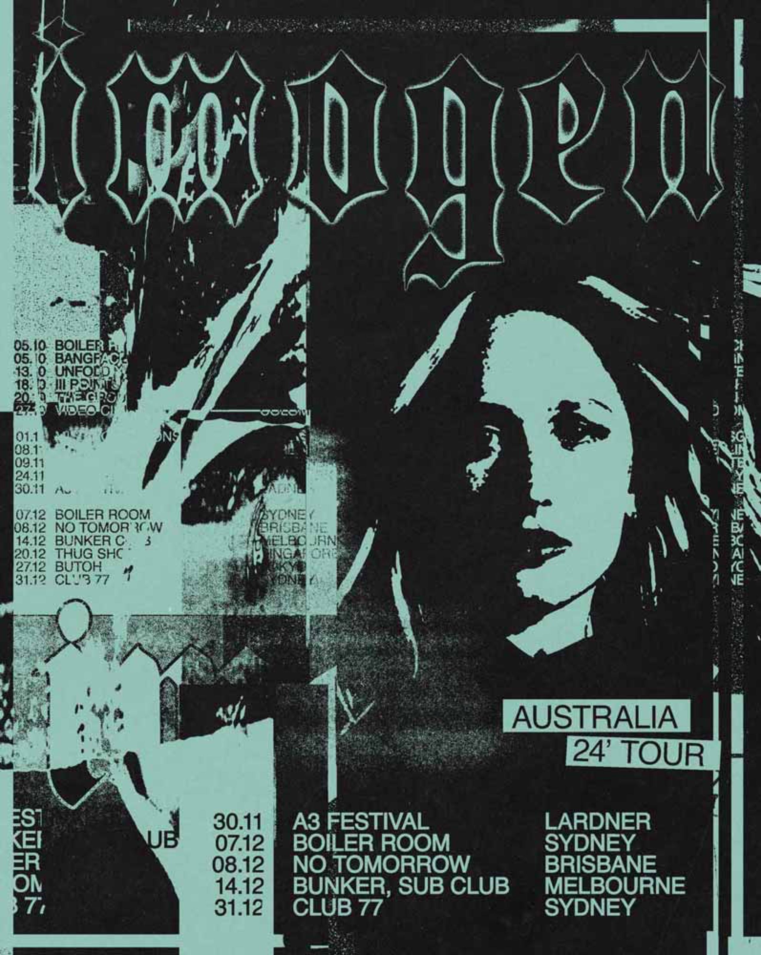 Imogen Australia tour poster with a green-tinted portrait and tour dates