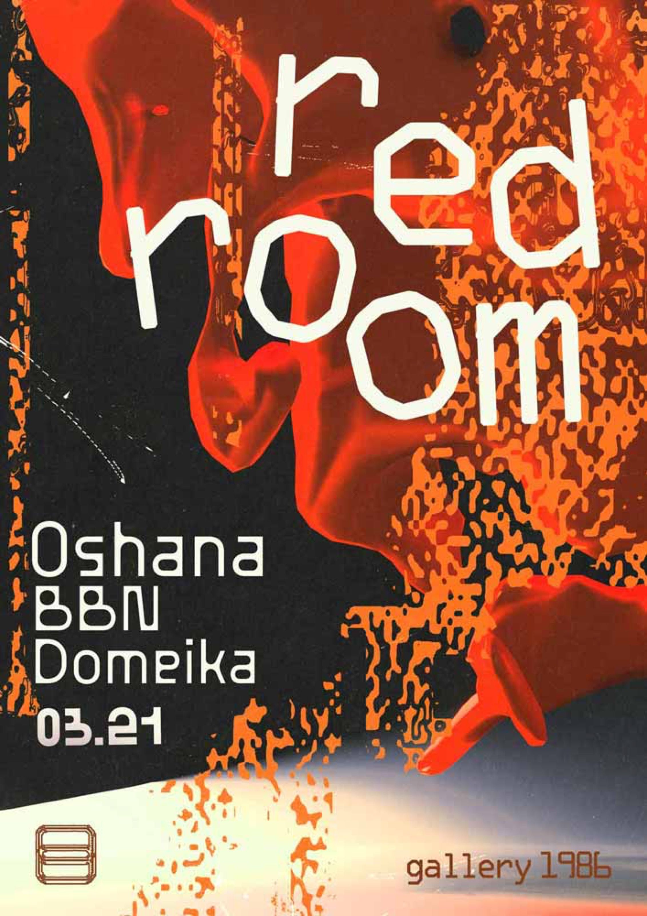 Red Room club poster with swirling red smoke and lineup, Gallery 1986