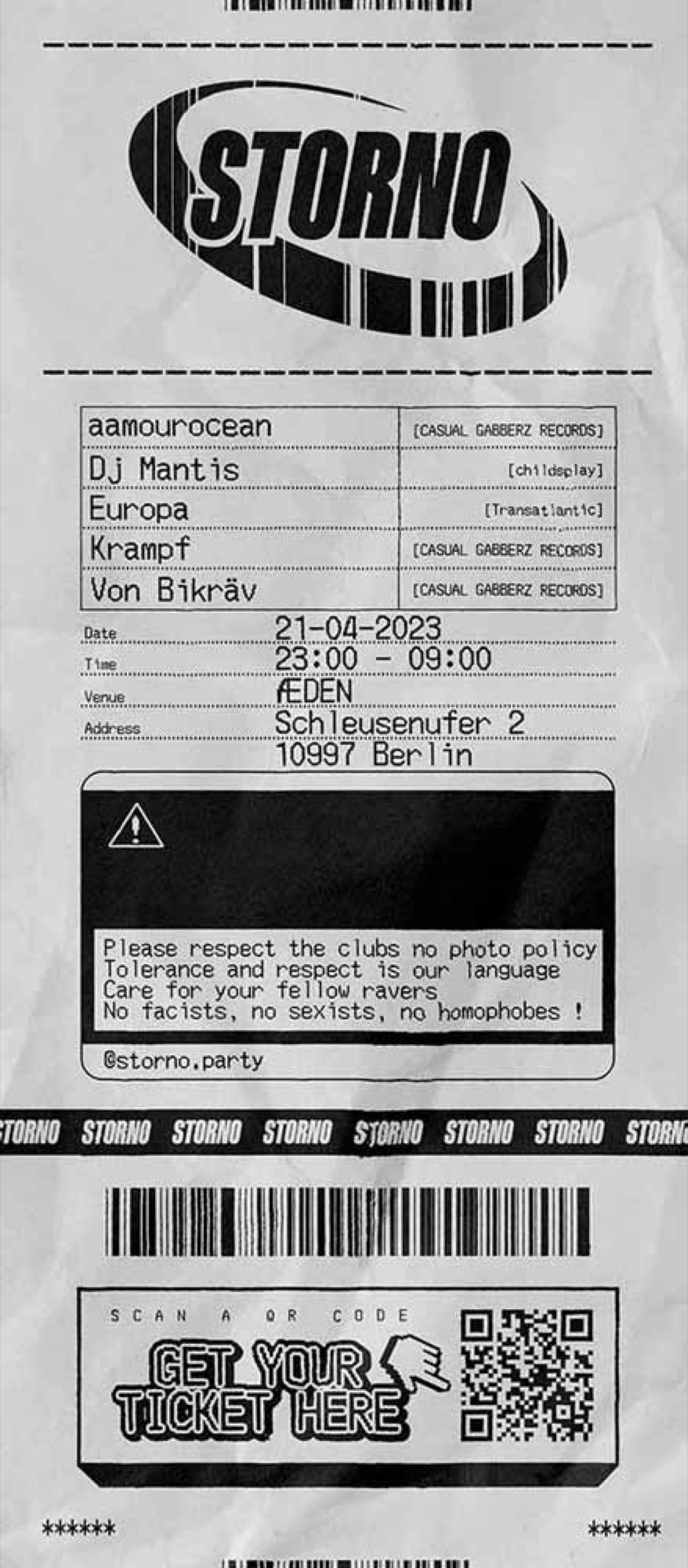 Storno club night poster designed as a receipt, Berlin