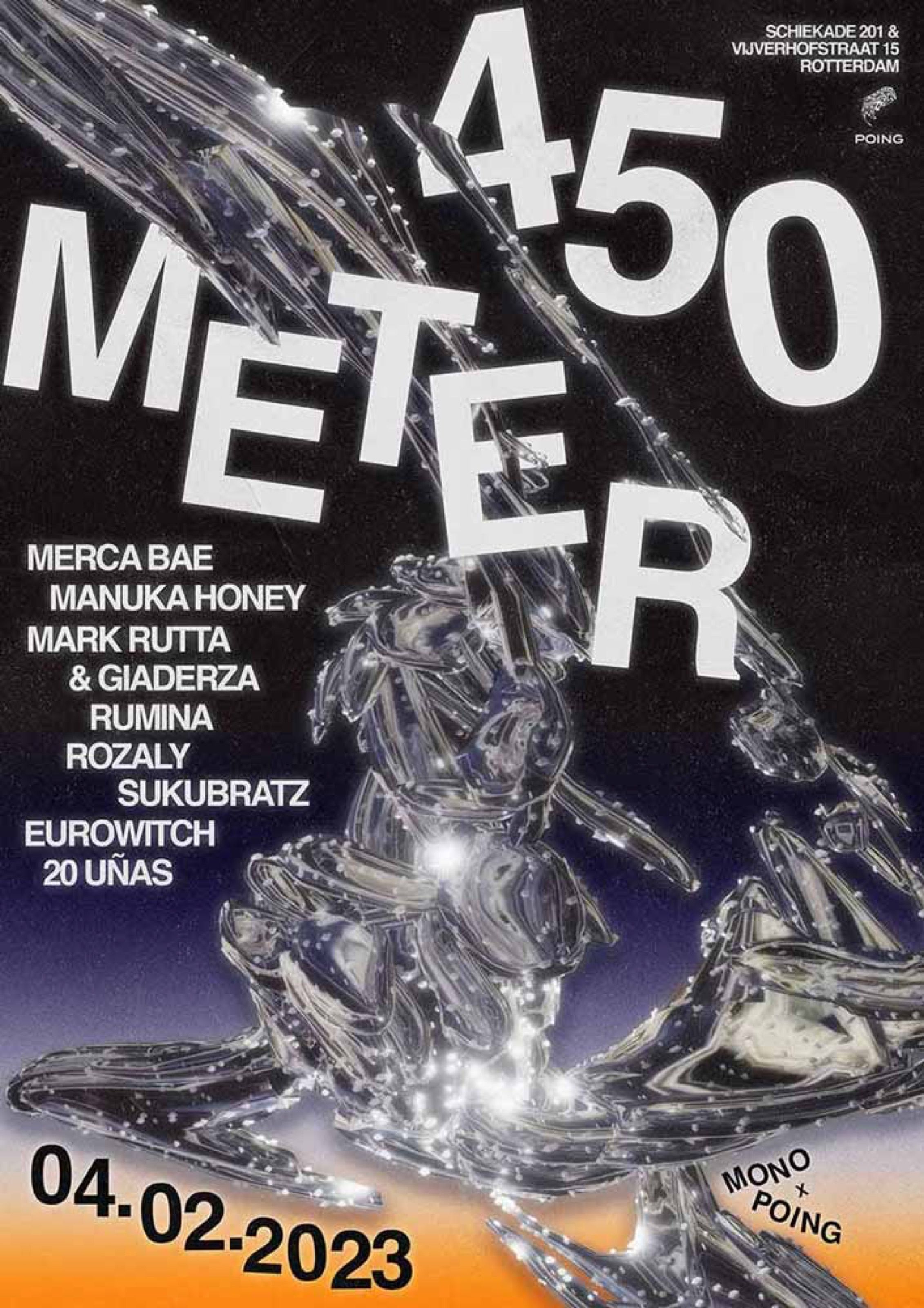 450 Meter poster with a silver chrome figure and orange date bar, Rotterdam