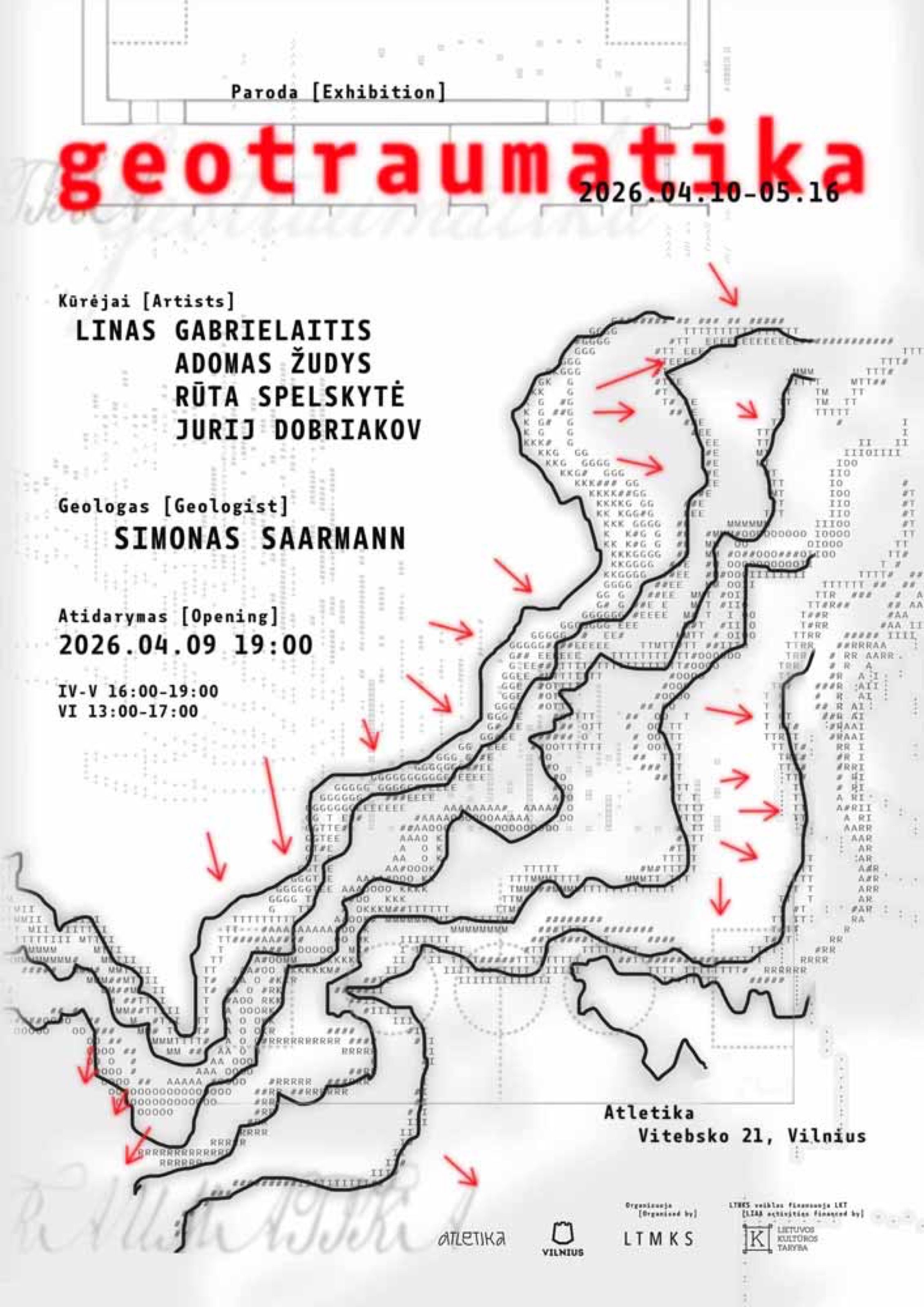 Geotraumatika exhibition poster with a mapped fissure line, Atletika gallery, Vilnius