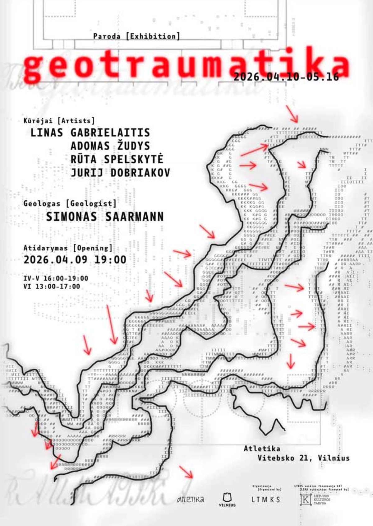 Geotraumatika exhibition poster with a mapped fissure line, Atletika gallery, Vilnius