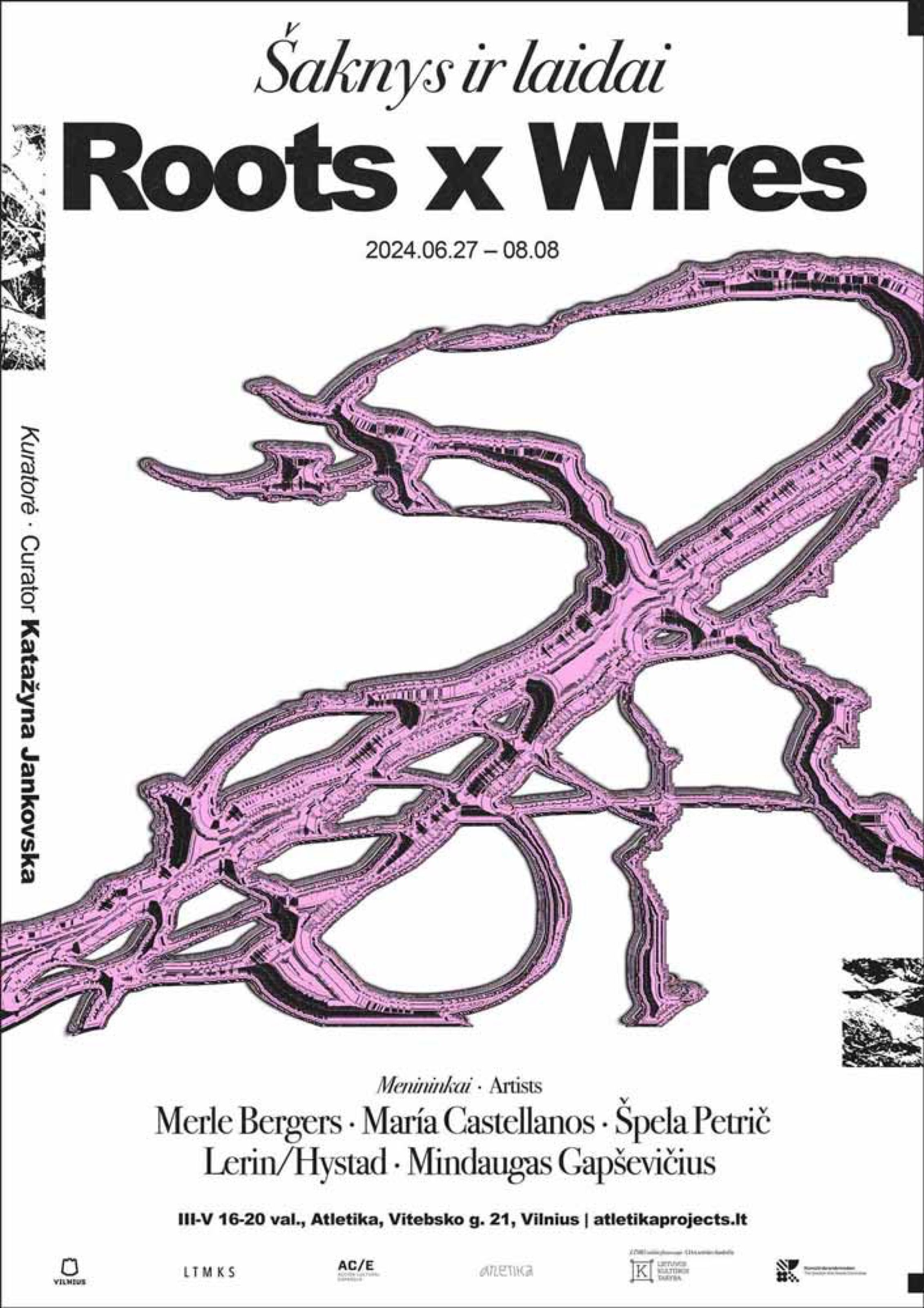Roots x Wires (Šaknys ir laidai) exhibition poster with a pink wire form, Atletika, Vilnius