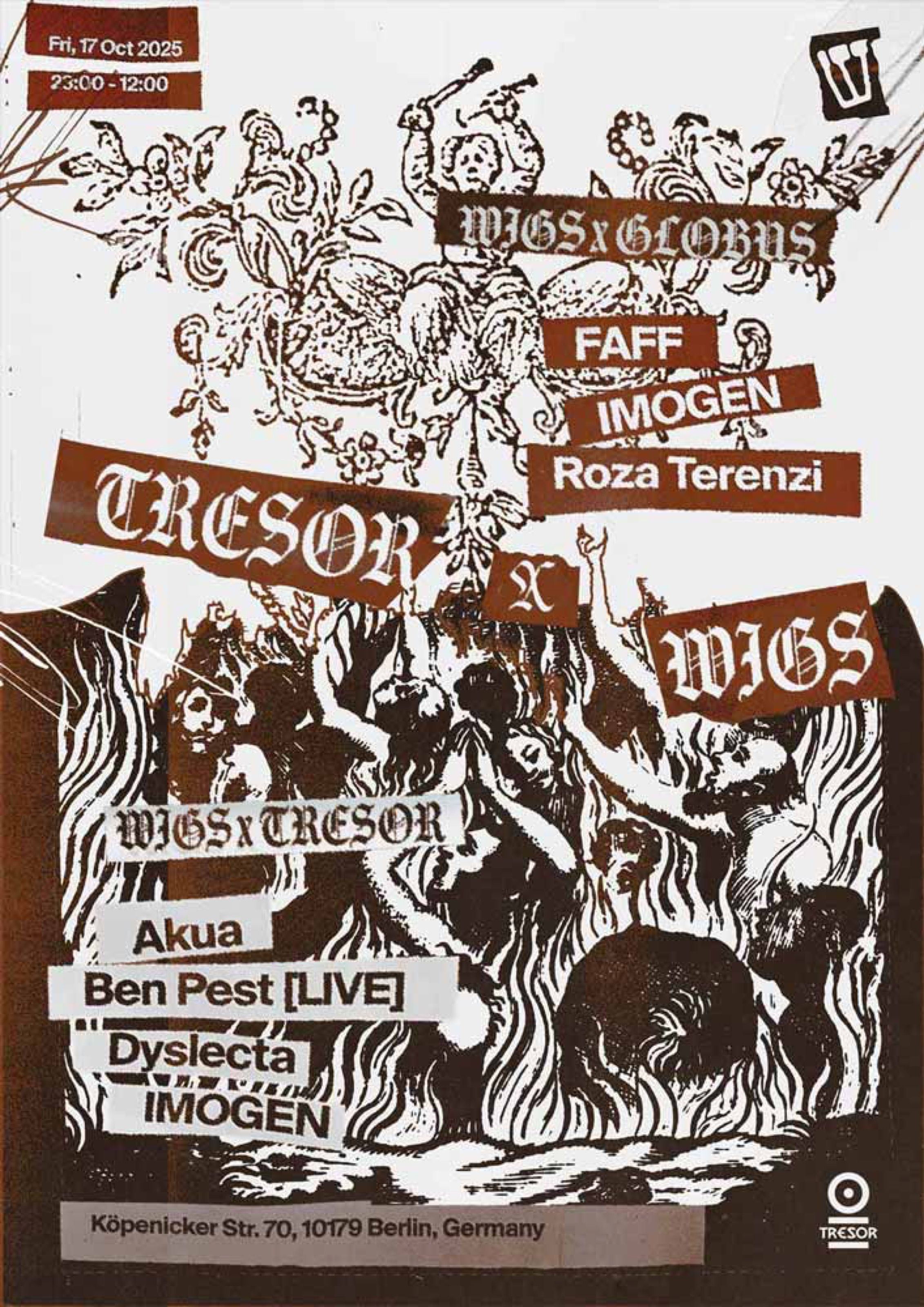 Wigs x Tresor club night poster with dense hand-drawn illustration and lineup, Berlin