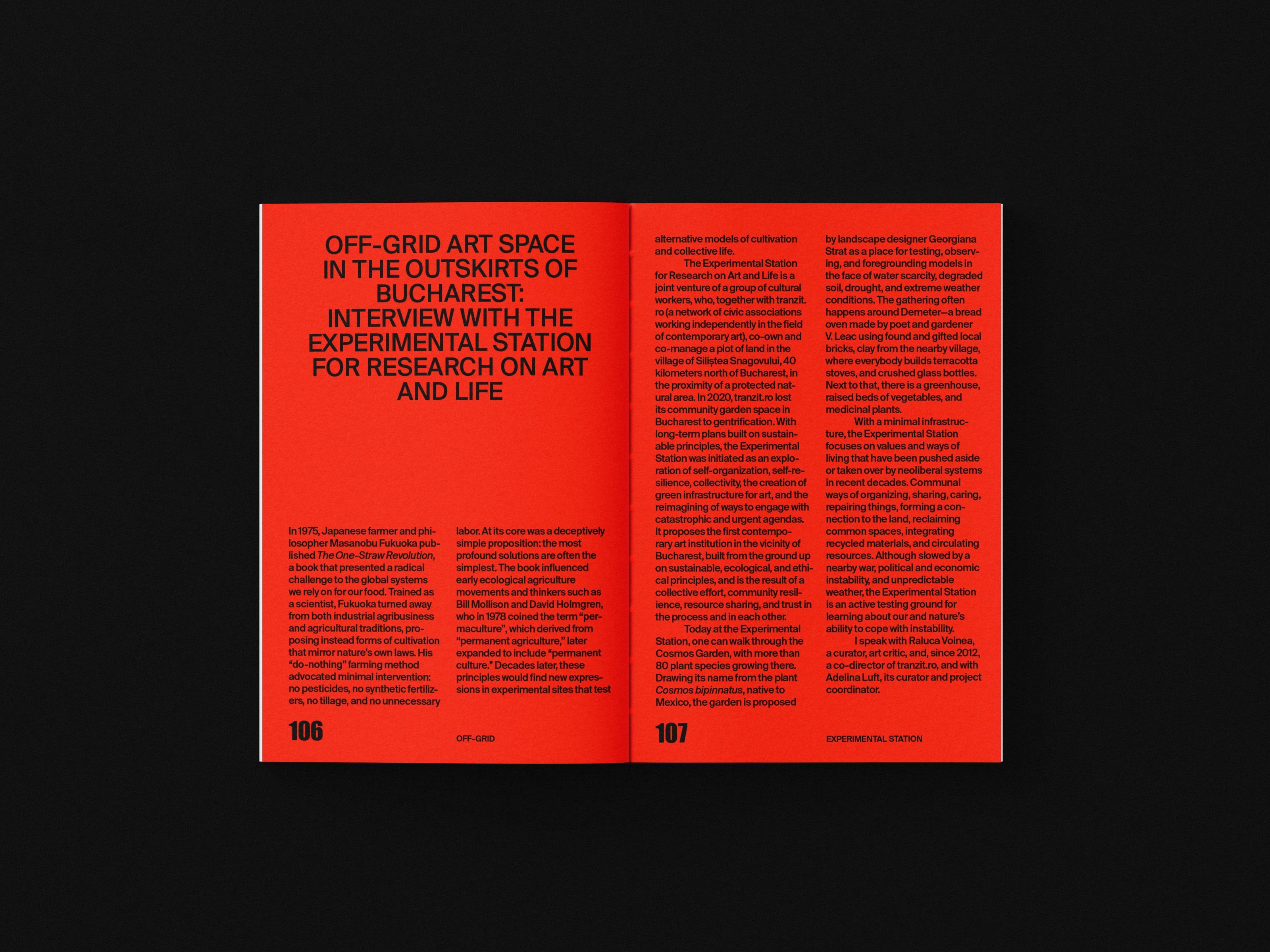 OFF-GRID book spread with a red interview opener page
