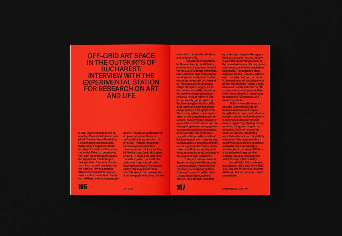 OFF-GRID book spread with a red interview opener page