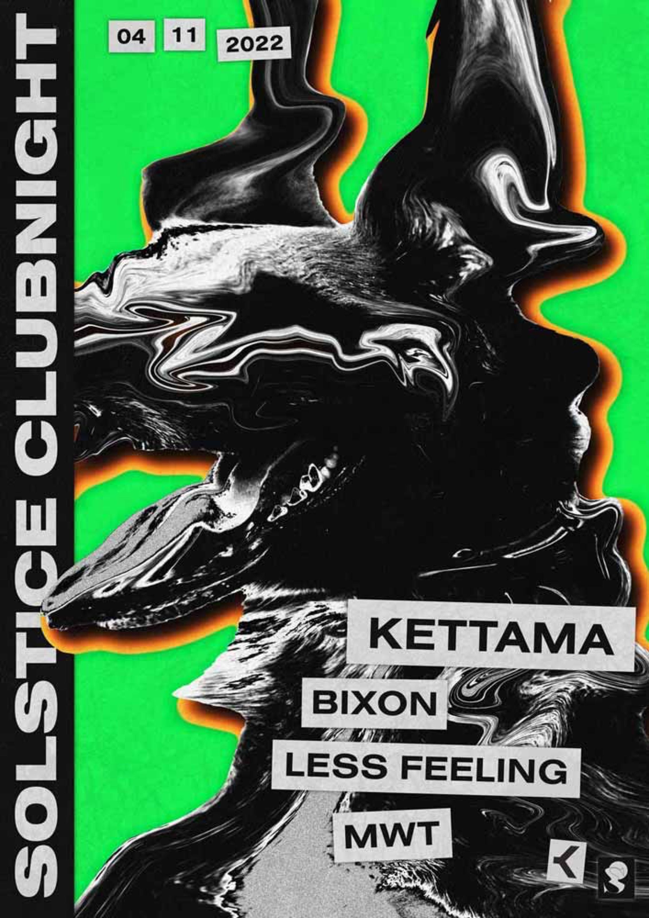 Solstice Clubnight poster with a black liquid form on green