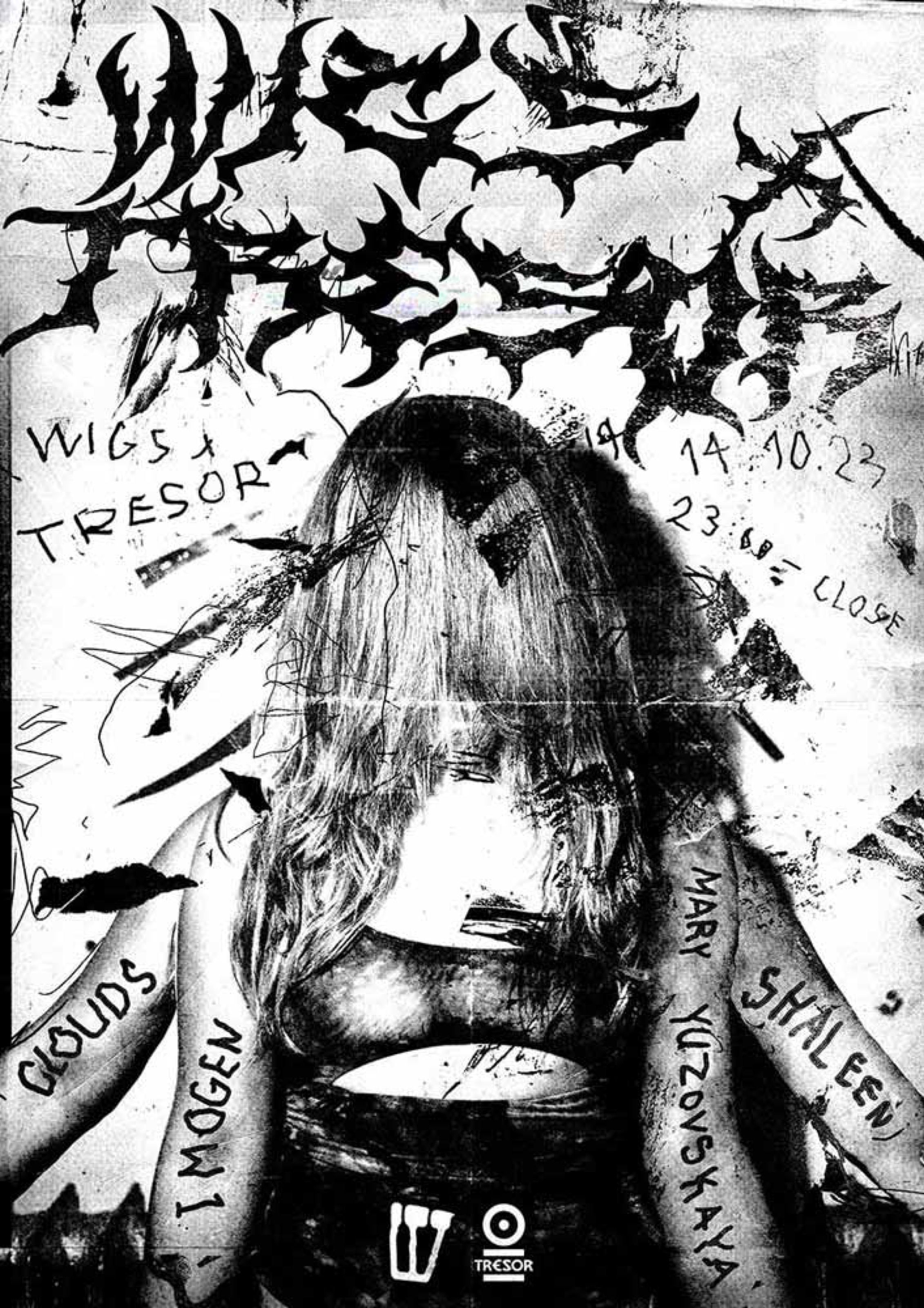 Black-and-white Wigs x Tresor poster with a long-haired figure and spiky lettering