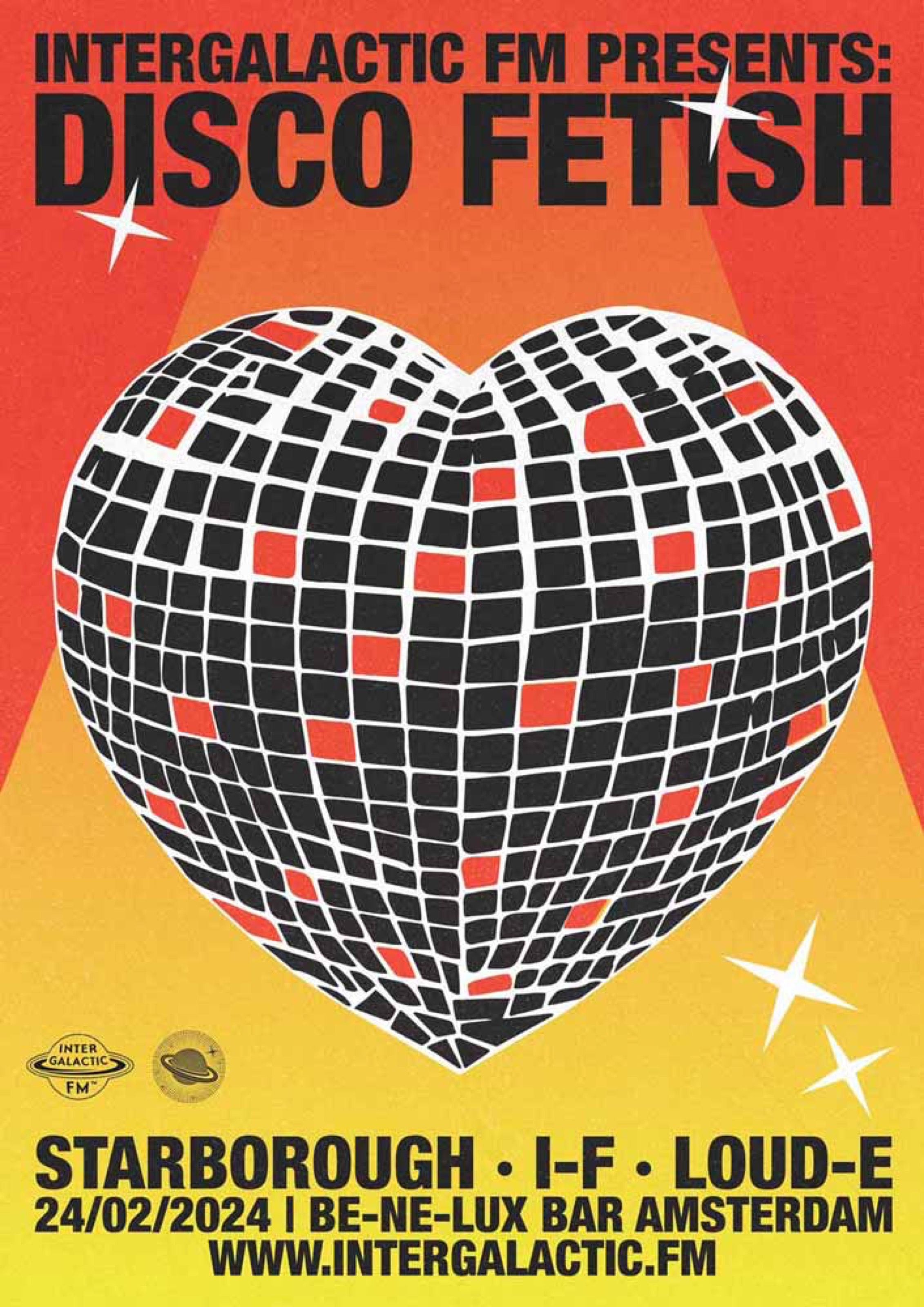 Disco Fetish poster with a mirror-ball heart, Intergalactic FM, Amsterdam