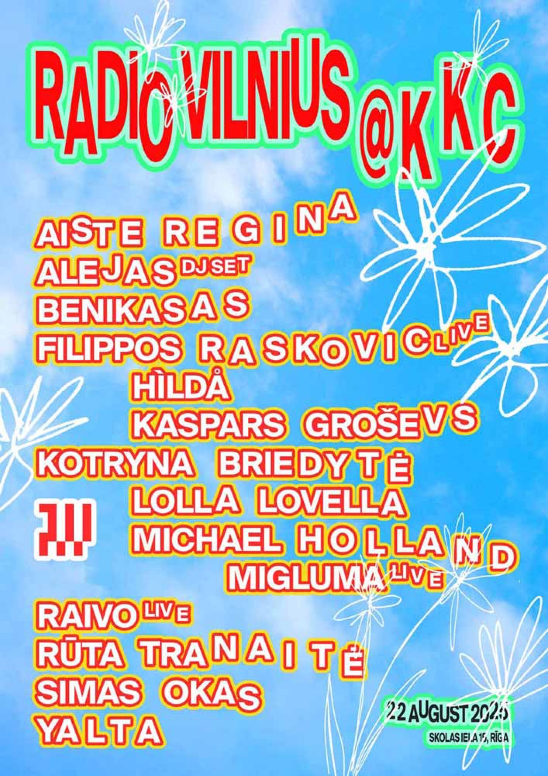 Radio Vilnius at KKC poster with lineup in red outlined type on a sky background
