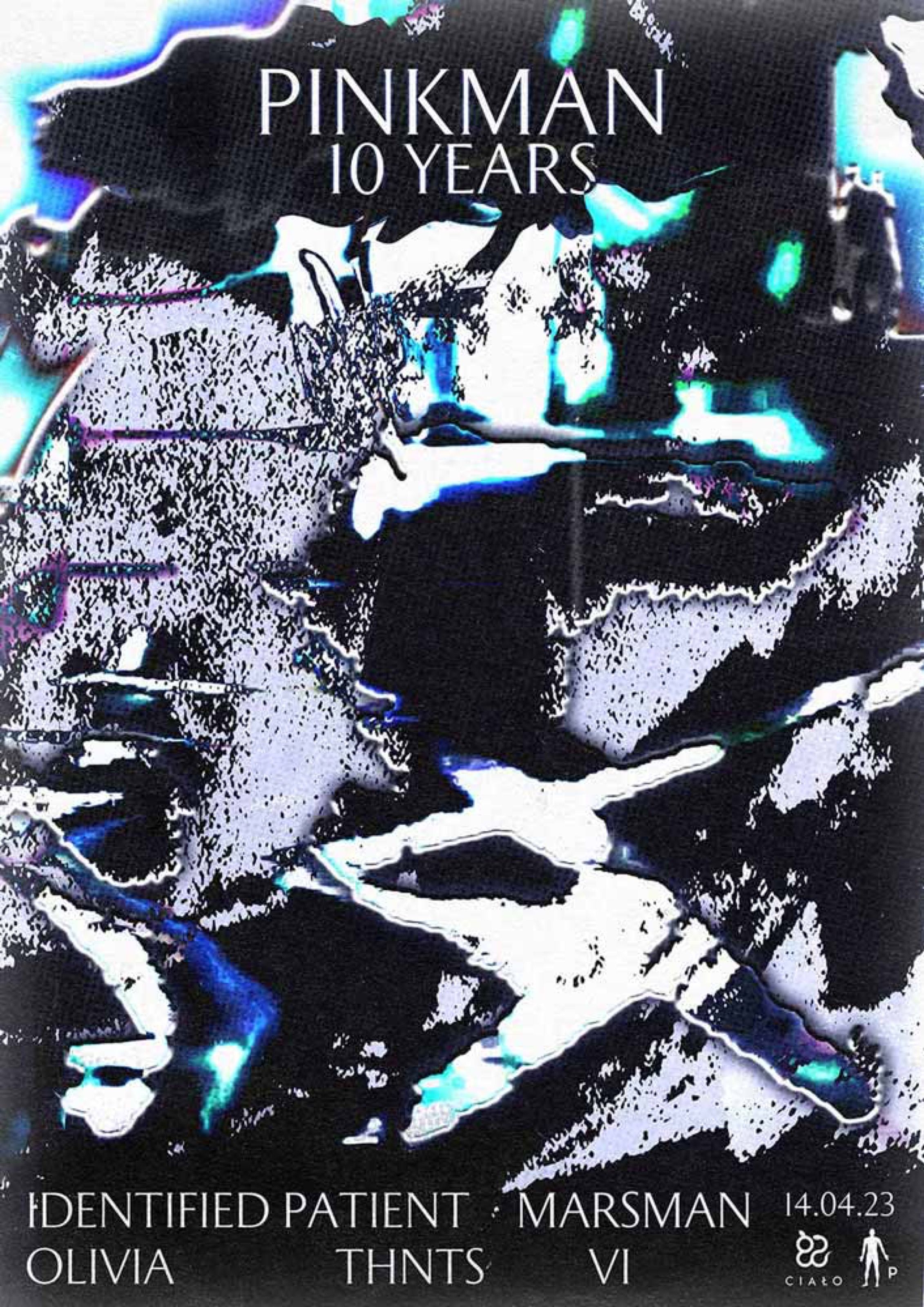 Pinkman 10 Years poster with a black-and-white glitch texture