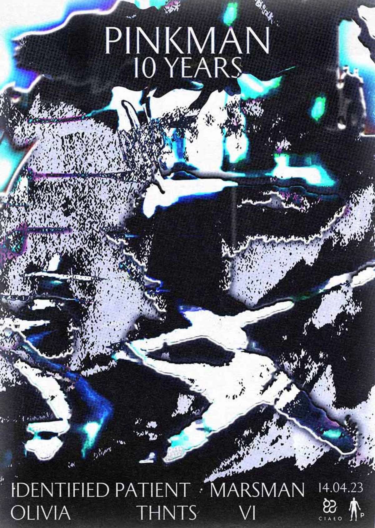Pinkman 10 Years poster with a black-and-white glitch texture