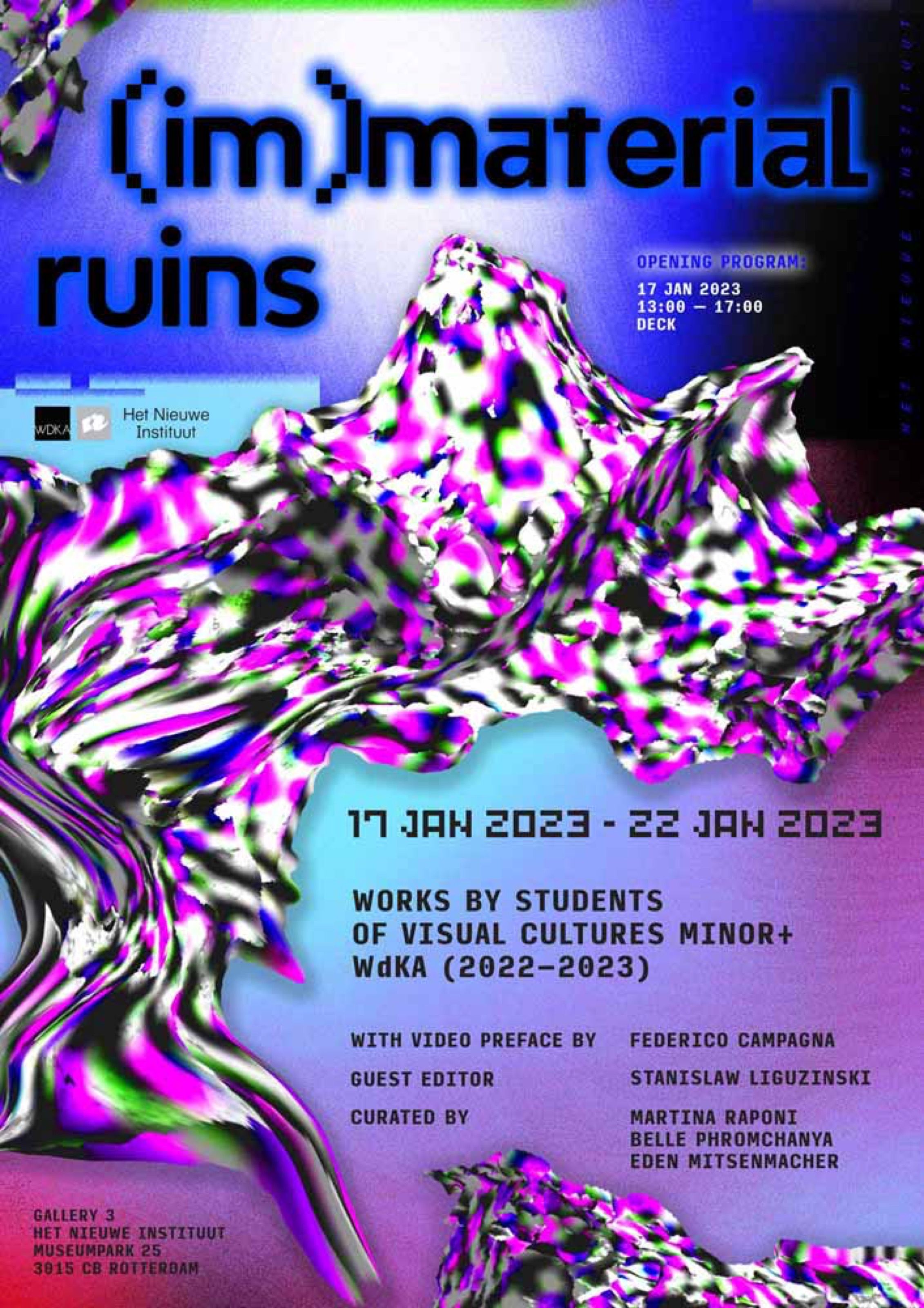 (im)material ruins exhibition poster with a psychedelic landscape, Rotterdam
