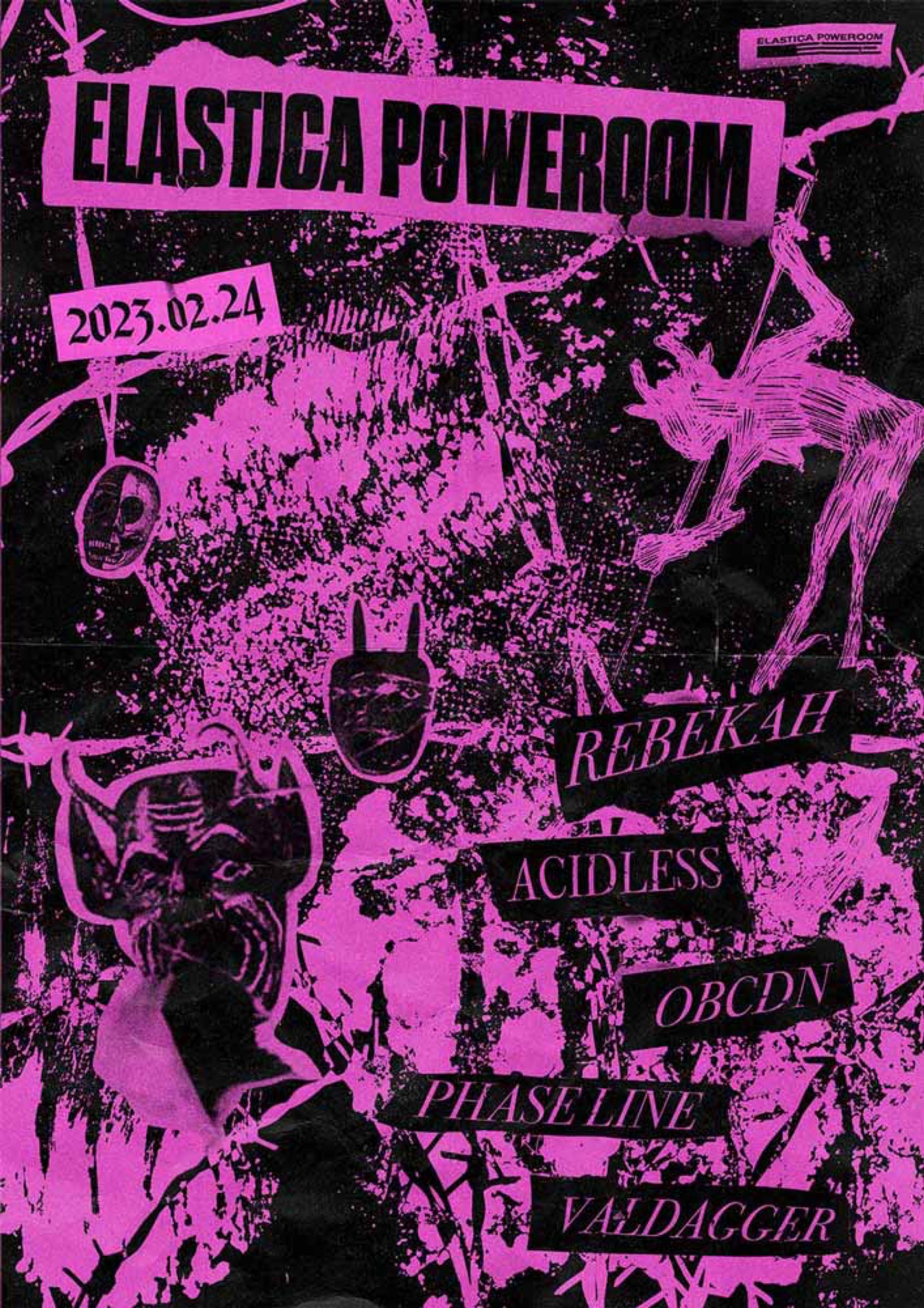 Magenta Elastica Poweroom poster with scratchy illustrations