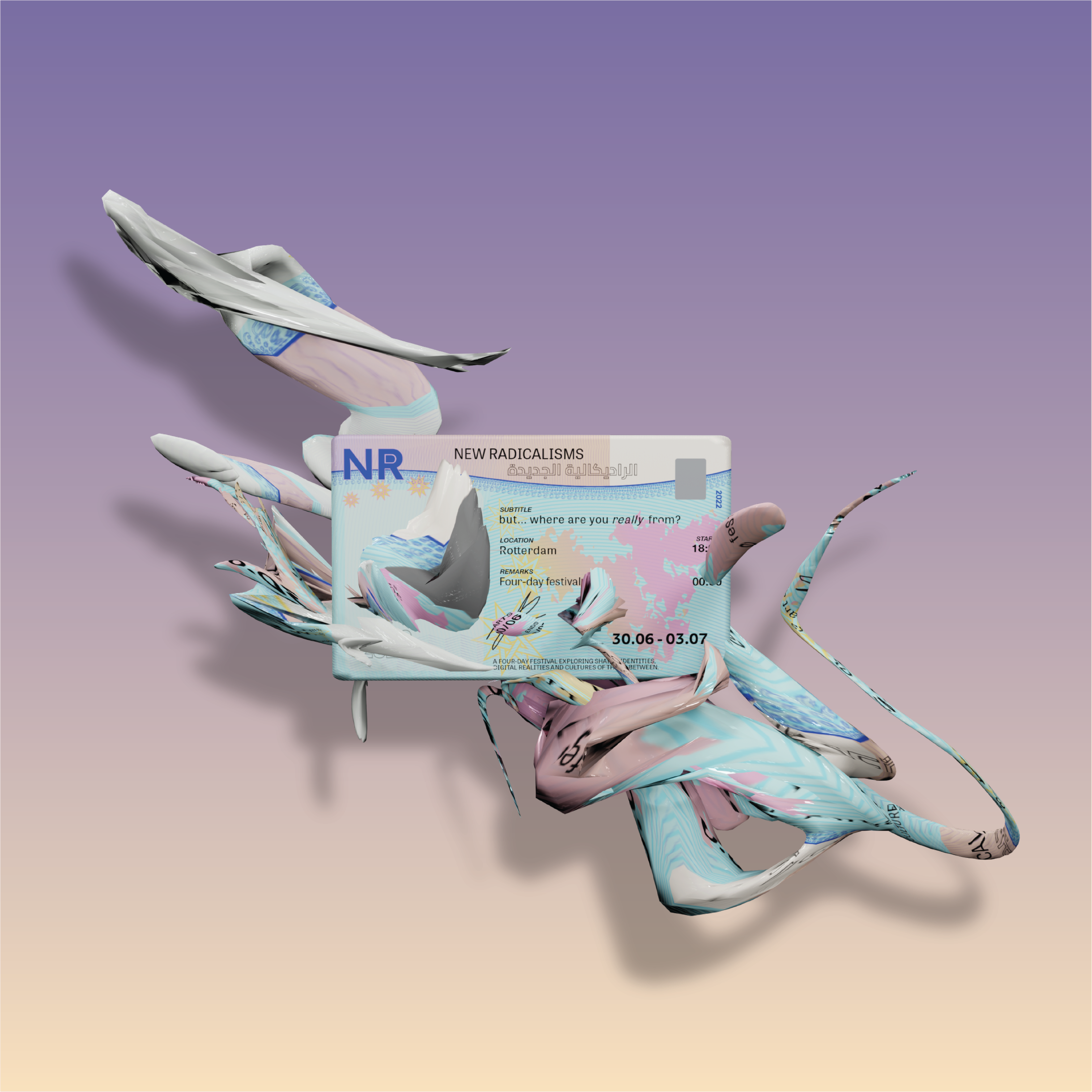 New Radicalisms key visual: a pass wrapped in liquid 3D forms on violet