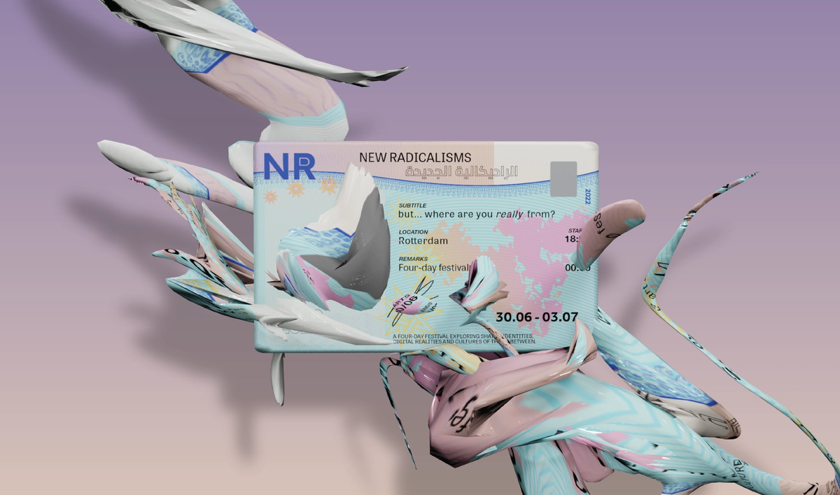 New Radicalisms key visual: a pass wrapped in liquid 3D forms on violet