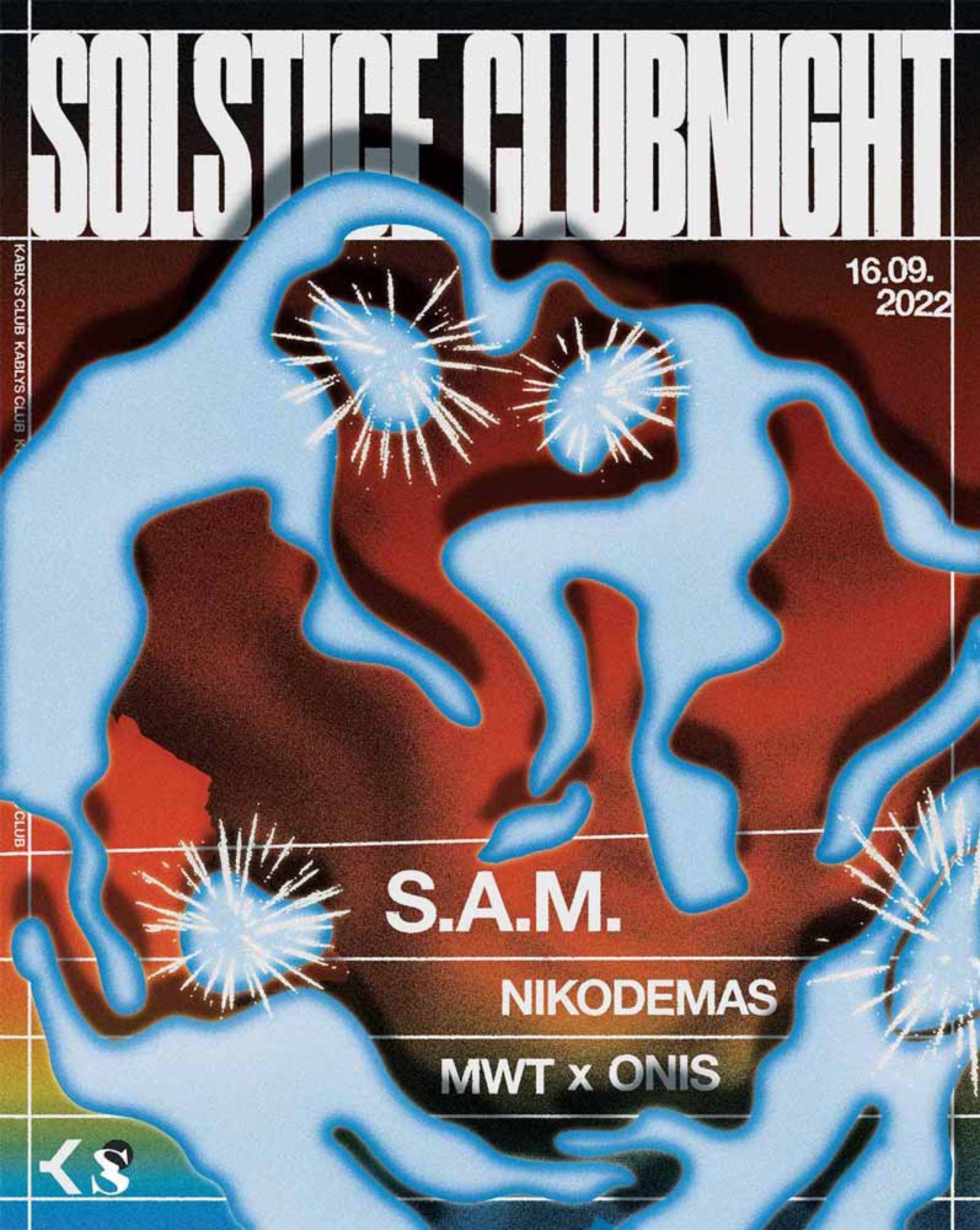 Solstice Clubnight poster with glowing blue shapes on dark red
